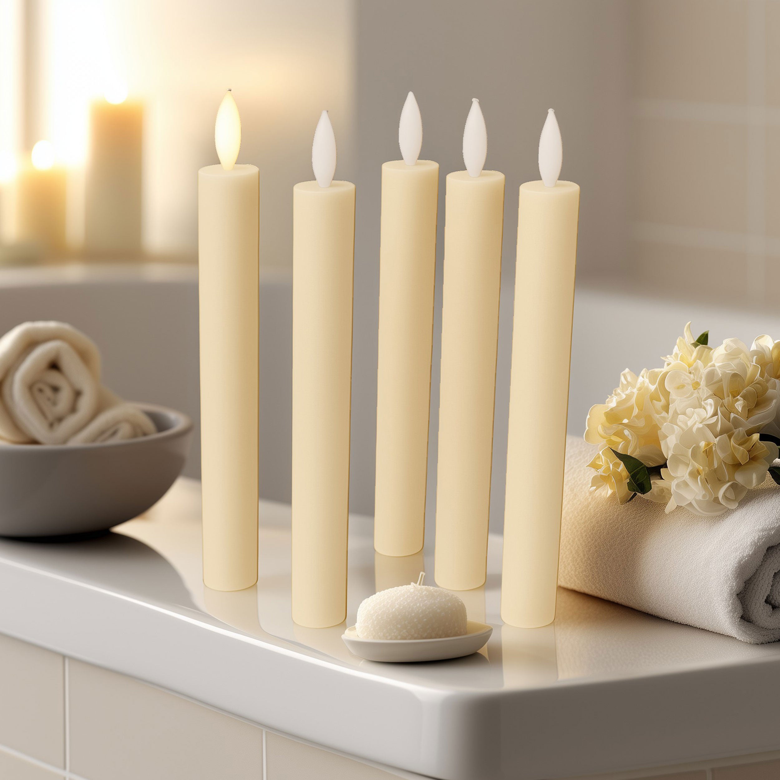 LED Stabkerzen 5er Set mit Timer & Flackereffekt – flammenlose Echtwachskerzen elfenbein für Kerzenständer & Deko