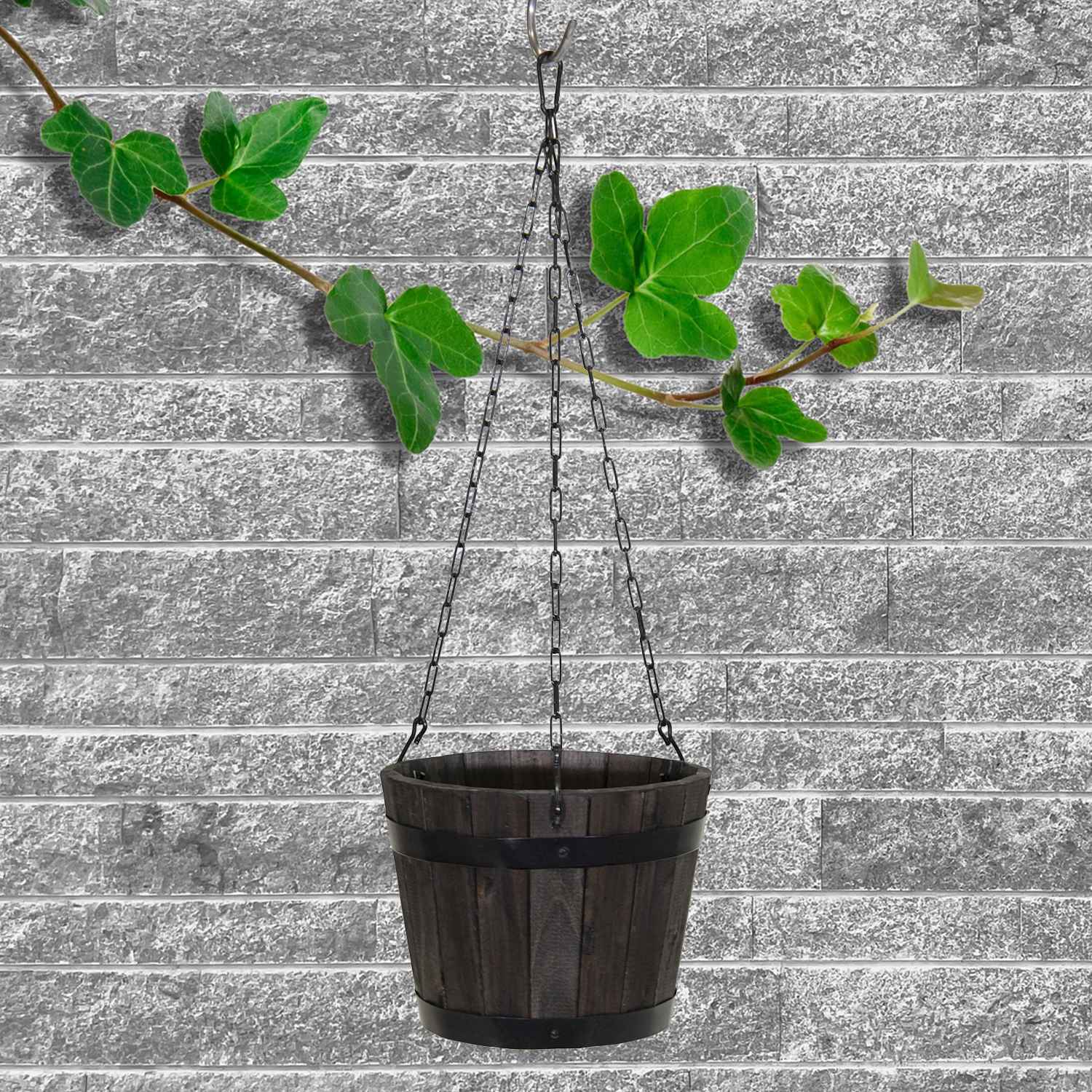 Blumenampel rund Hängeampel Blumen aus FSC-Akazienholz anthrazit | Metallkette | 27 cm Durchmesser