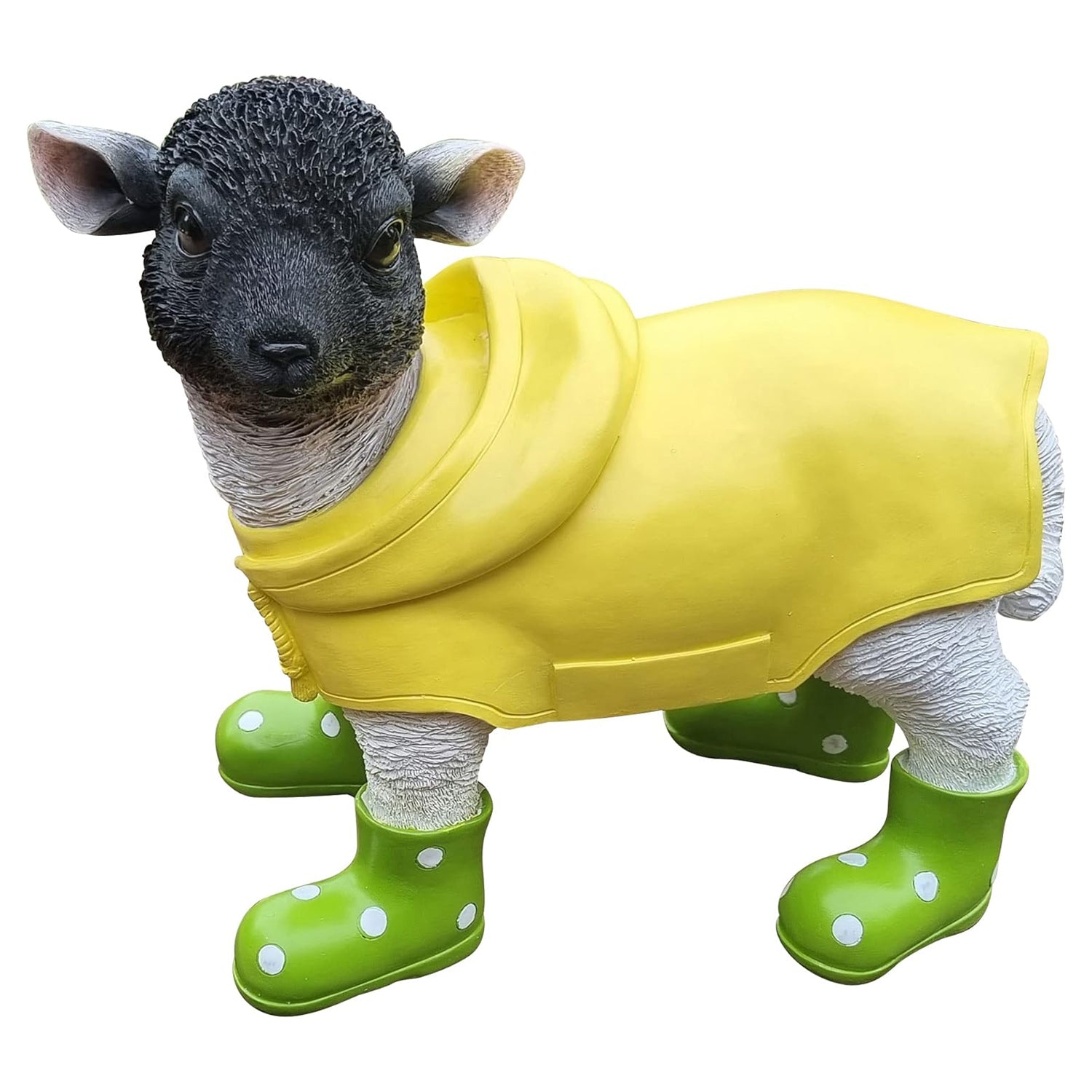 Deko Lamm mit grünen Gummistiefel und Mantel lustige Tierfigur Schaf Gartendeko