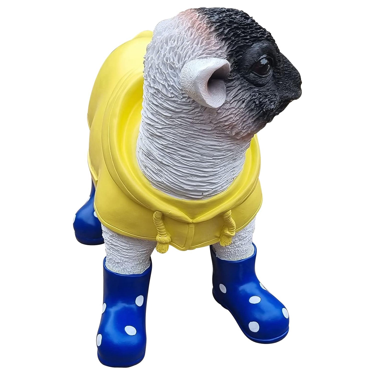 Deko Lamm mit blauen Gummistiefel und Mantel lustige Tierfigur Schaf Gartendeko