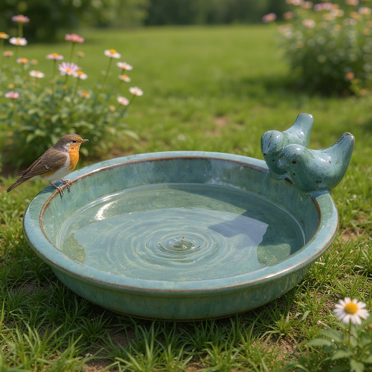 Keramik Vogeltränke Oasis – wetterfeste Wasserschale mit Deko-Vögeln, Ø 30 cm, verschiedene Farben – frostfest & pflegeleicht