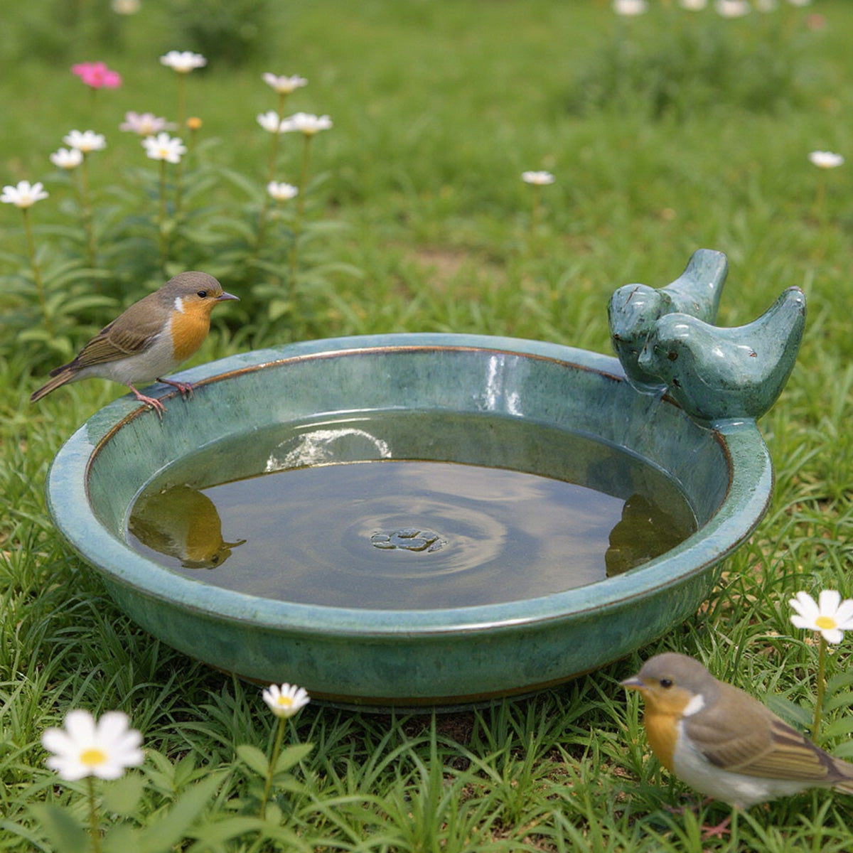 Keramik Vogeltränke Oasis – wetterfeste Wasserschale mit Deko-Vögeln, Ø 30 cm, verschiedene Farben – frostfest & pflegeleicht