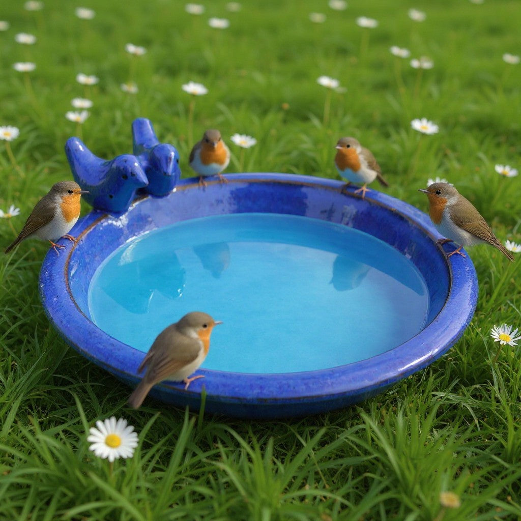 Keramik Vogeltränke Oasis – wetterfeste Wasserschale mit Deko-Vögeln, Ø 30 cm, verschiedene Farben – frostfest & pflegeleicht