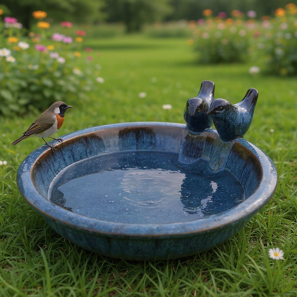 Keramik Vogeltränke Oasis – wetterfeste Wasserschale mit Deko-Vögeln, Ø 30 cm, verschiedene Farben – frostfest & pflegeleicht