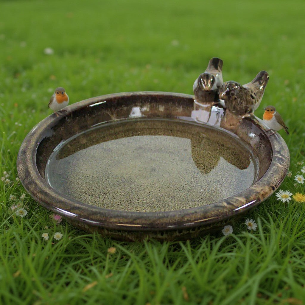 Keramik Vogeltränke Oasis – wetterfeste Wasserschale mit Deko-Vögeln, Ø 30 cm, verschiedene Farben – frostfest & pflegeleicht