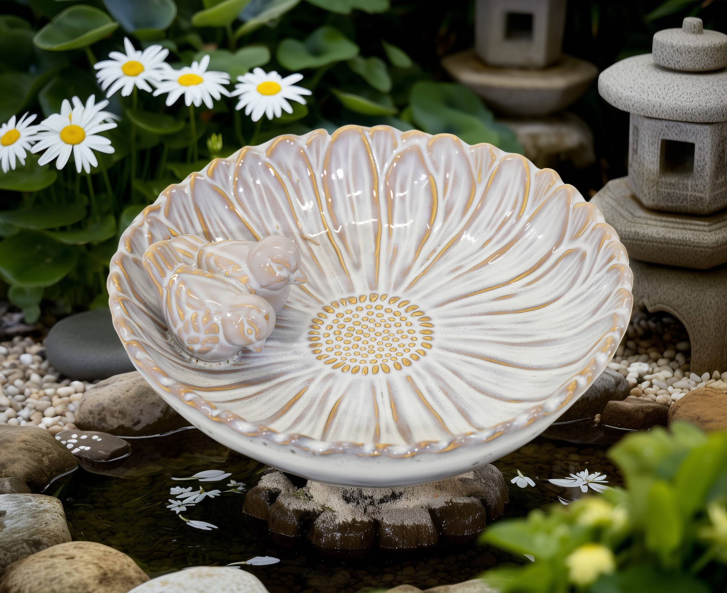 Vogeltränke winterfest | Fleur | Deko-Vogelbad mit 2 Keramikvögeln | glasierte Vogeltränke für Garten, Balkon oder Terrasse wetterfest, Ø 23 cm oder Ø 28 cm