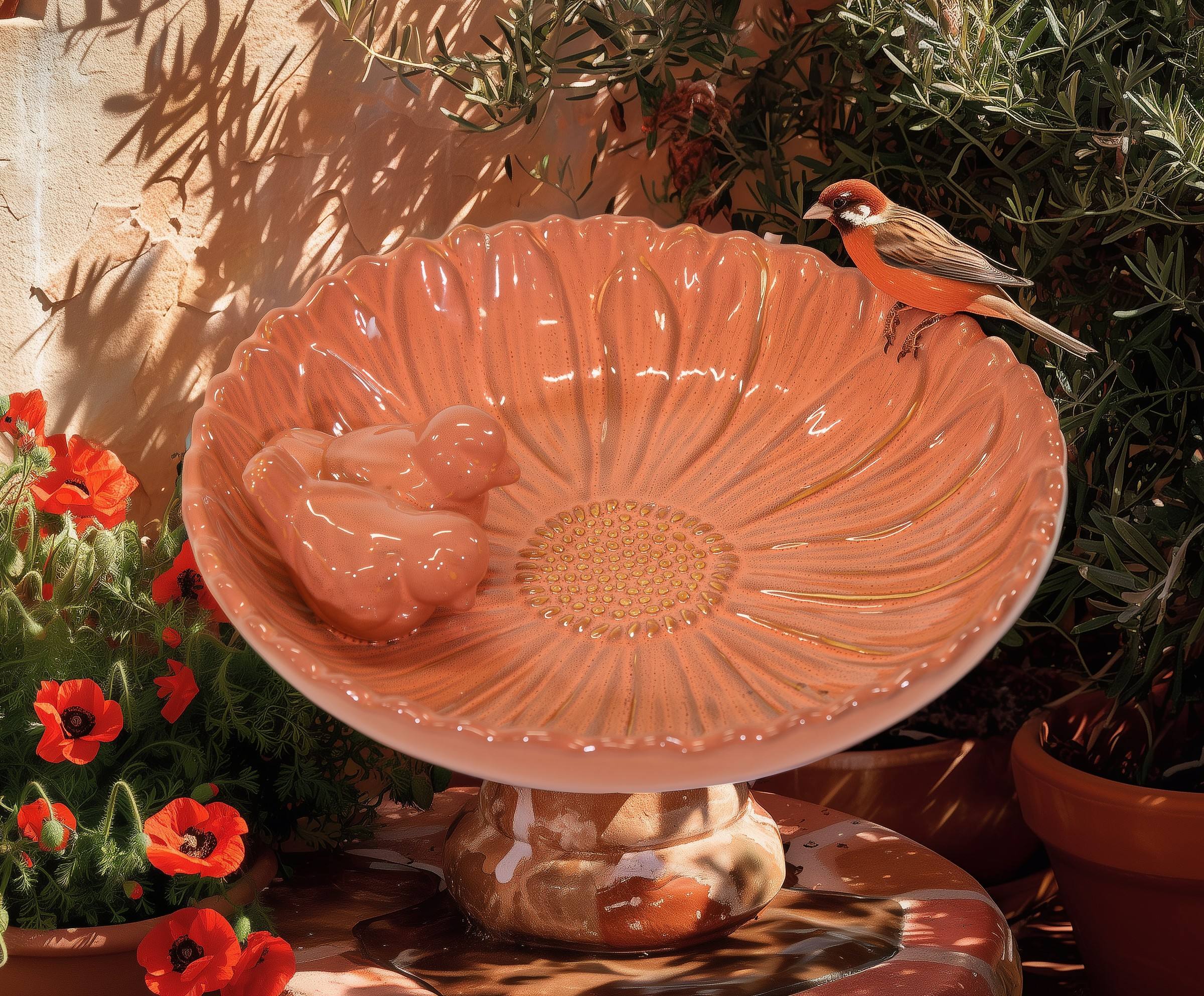 Vogeltränke winterfest | Fleur | Deko-Vogelbad mit 2 Keramikvögeln | glasierte Vogeltränke für Garten, Balkon oder Terrasse wetterfest, Ø 23 cm oder Ø 28 cm