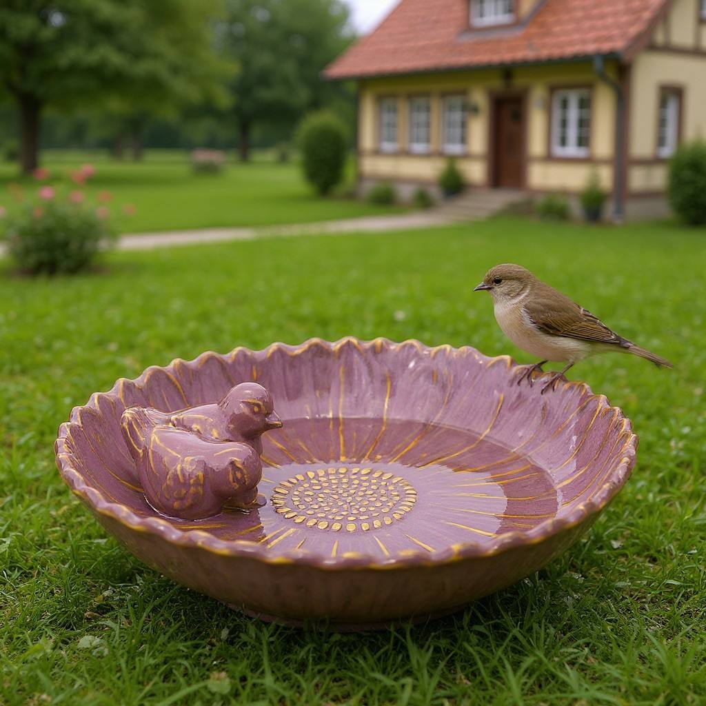 Vogeltränke winterfest | Fleur | Deko-Vogelbad mit 2 Keramikvögeln | glasierte Vogeltränke für Garten, Balkon oder Terrasse wetterfest, Ø 23 cm oder Ø 28 cm