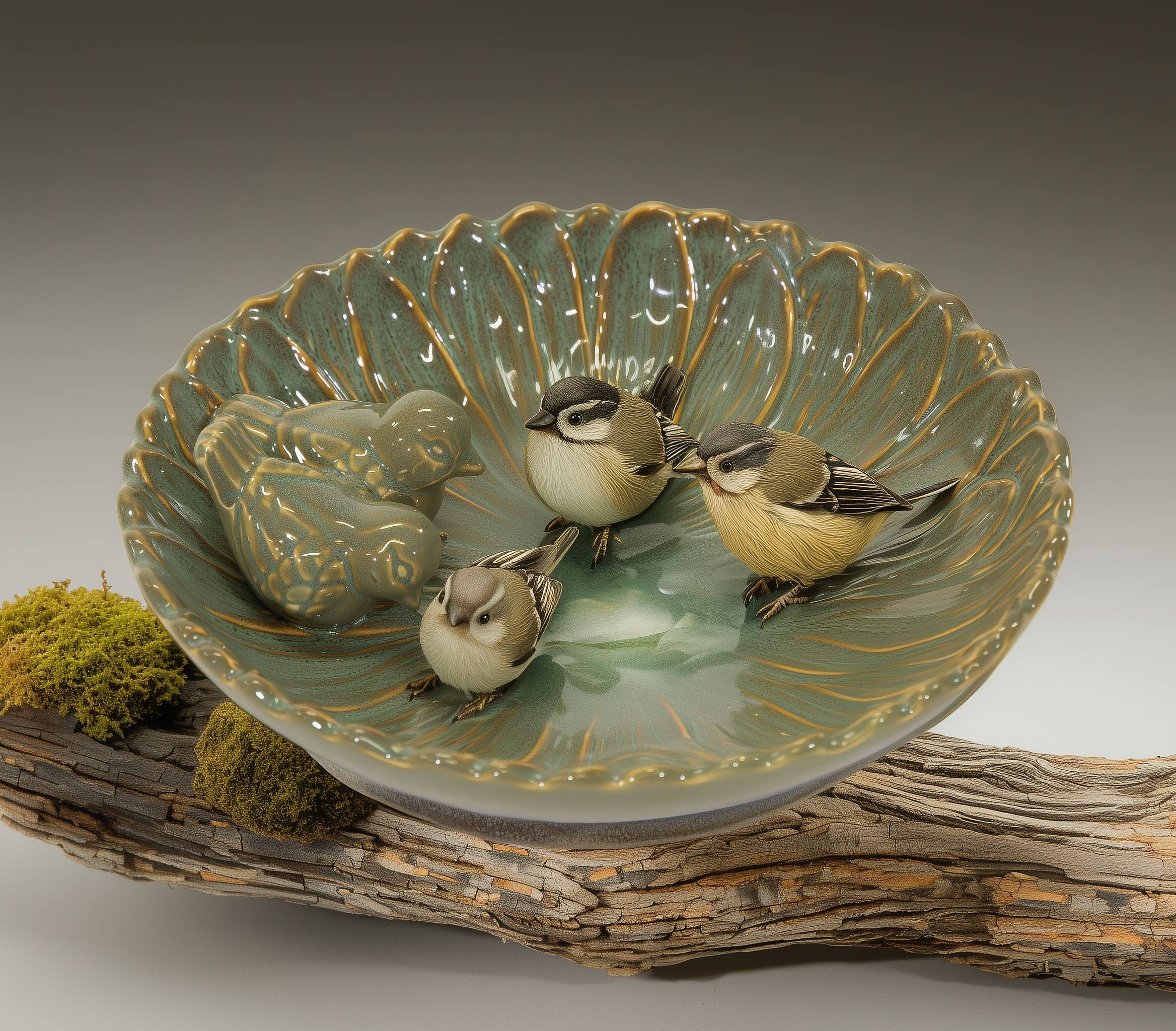 Vogeltränke winterfest | Fleur | Deko-Vogelbad mit 2 Keramikvögeln | glasierte Vogeltränke für Garten, Balkon oder Terrasse wetterfest, Ø 23 cm oder Ø 28 cm