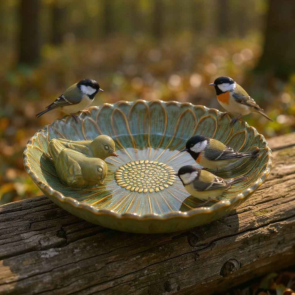 Vogeltränke winterfest | Fleur | Deko-Vogelbad mit 2 Keramikvögeln | glasierte Vogeltränke für Garten, Balkon oder Terrasse wetterfest, Ø 23 cm oder Ø 28 cm