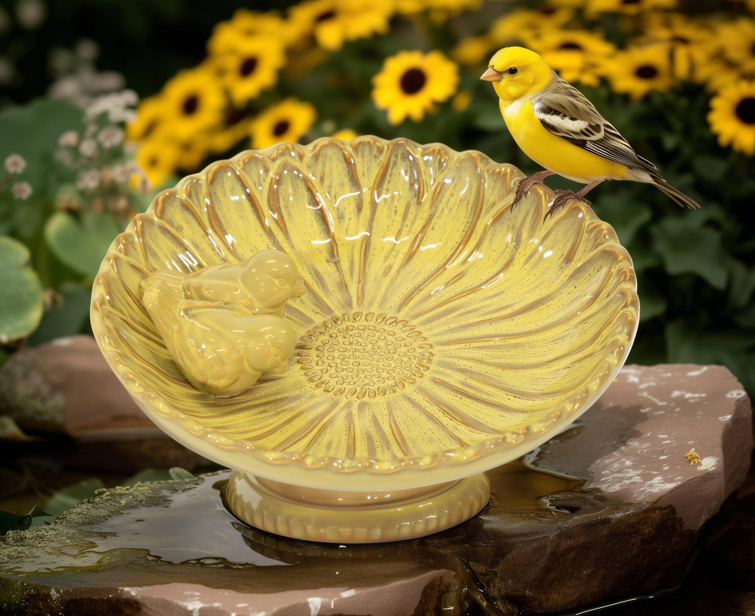 Vogeltränke winterfest | Fleur | Deko-Vogelbad mit 2 Keramikvögeln | glasierte Vogeltränke für Garten, Balkon oder Terrasse wetterfest, Ø 23 cm oder Ø 28 cm