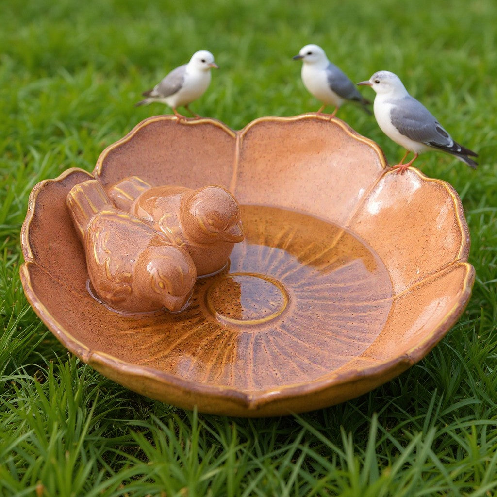 Vogeltränke winterfest | Fleur | Deko-Vogelbad mit 2 Keramikvögeln | glasierte Vogeltränke für Garten, Balkon oder Terrasse wetterfest, Ø 23 cm oder Ø 28 cm