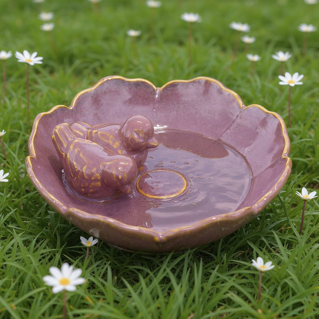 Vogeltränke winterfest | Fleur | Deko-Vogelbad mit 2 Keramikvögeln | glasierte Vogeltränke für Garten, Balkon oder Terrasse wetterfest, Ø 23 cm oder Ø 28 cm