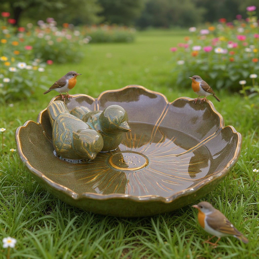 Vogeltränke winterfest | Fleur | Deko-Vogelbad mit 2 Keramikvögeln | glasierte Vogeltränke für Garten, Balkon oder Terrasse wetterfest, Ø 23 cm oder Ø 28 cm