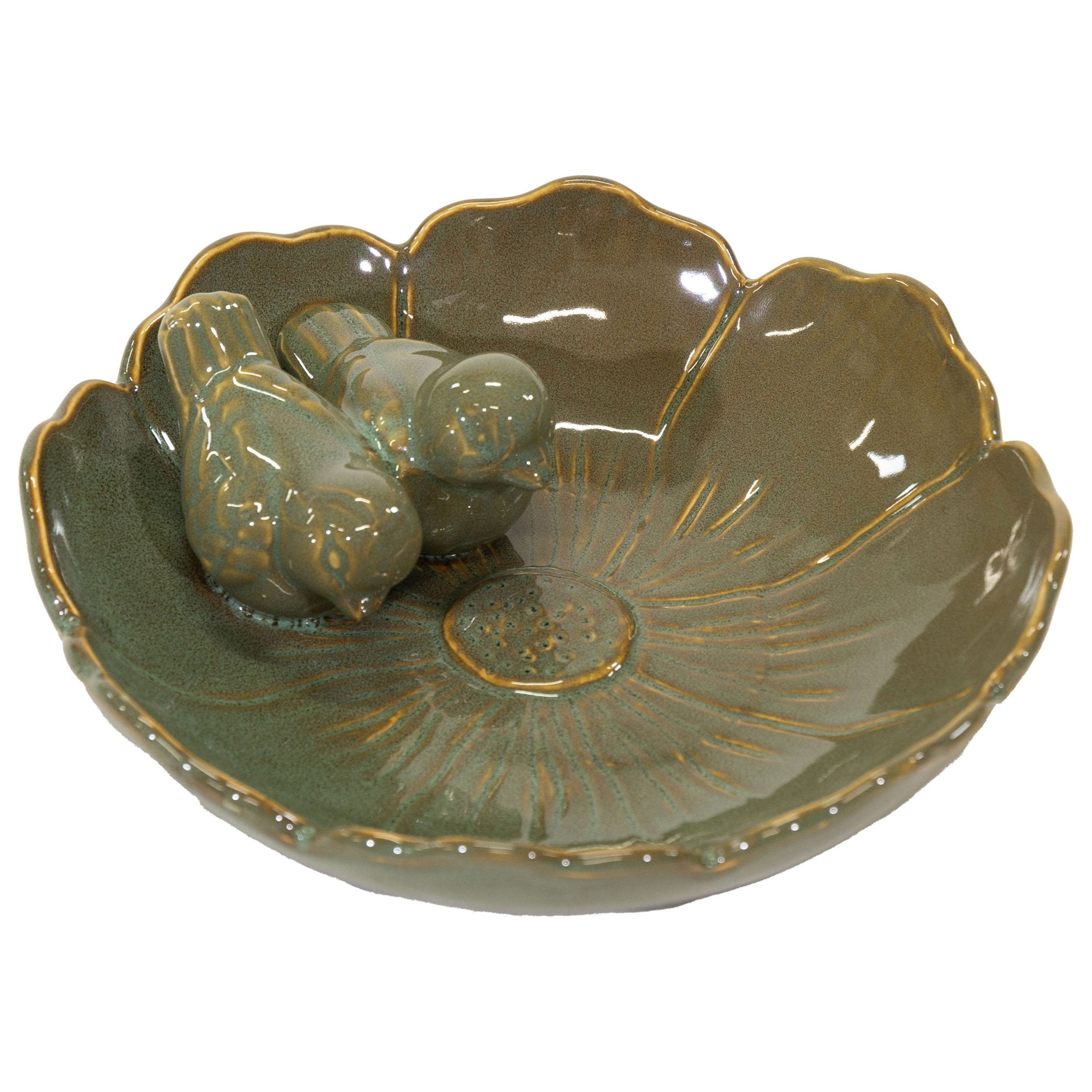 Vogeltränke winterfest | Fleur | Deko-Vogelbad mit 2 Keramikvögeln | glasierte Vogeltränke für Garten, Balkon oder Terrasse wetterfest, Ø 23 cm oder Ø 28 cm