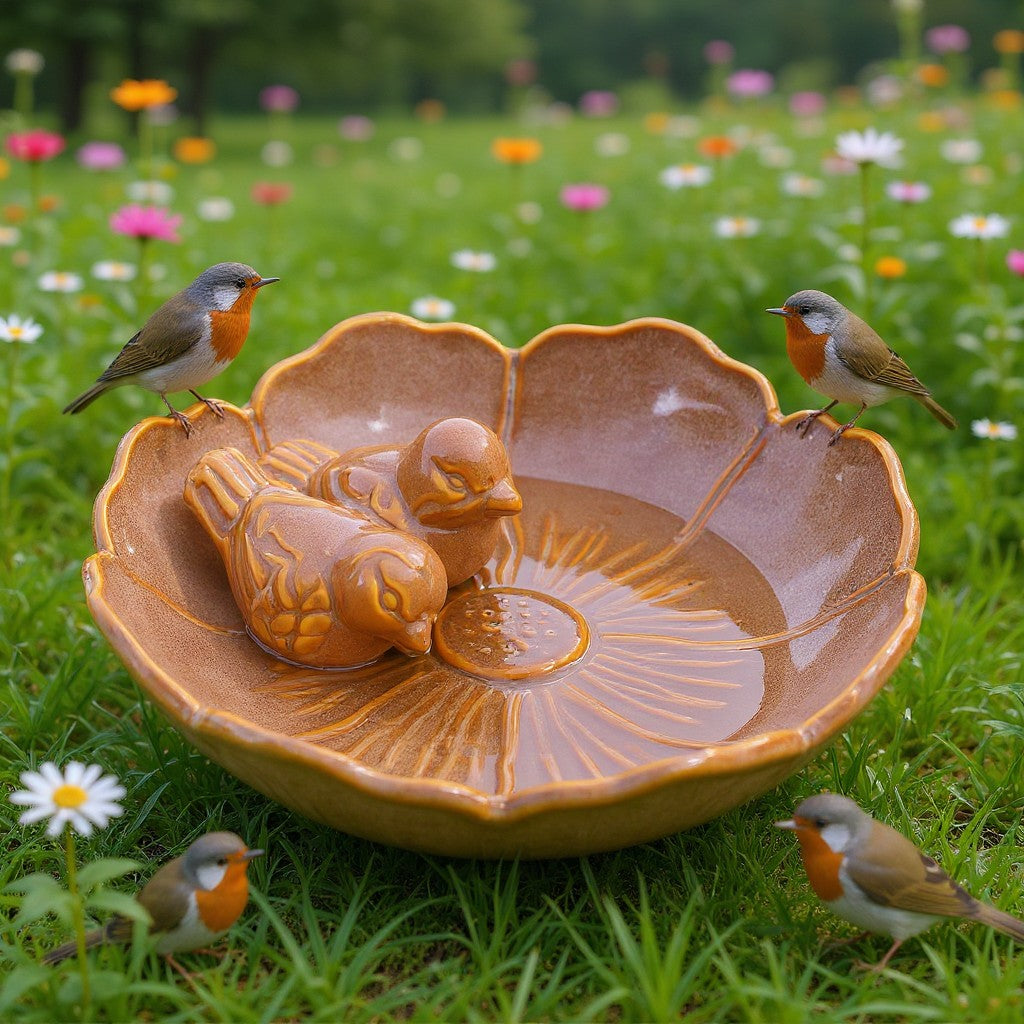 Vogeltränke winterfest | Fleur | Deko-Vogelbad mit 2 Keramikvögeln | glasierte Vogeltränke für Garten, Balkon oder Terrasse wetterfest, Ø 23 cm oder Ø 28 cm