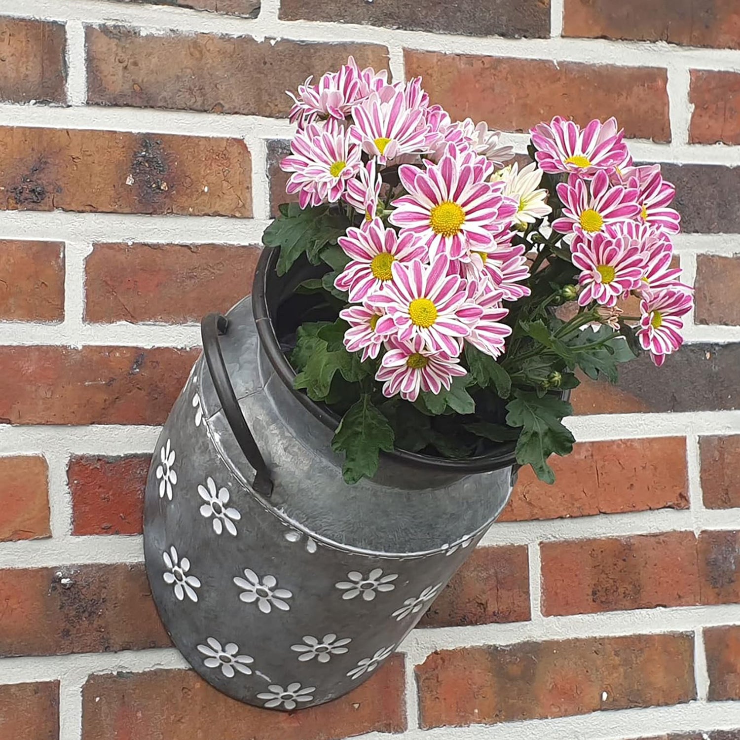 Wand Blumentopf Metall | Wand Pflanztopf Milchkanne mit Dekor | Hänge-Übertopf im Landhausstil