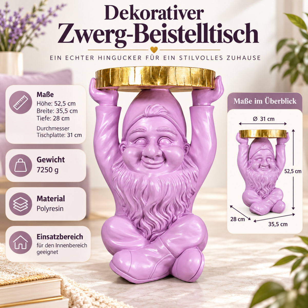 Beistelltisch Gartenzwerg mit goldfarbener Tischplatte Design Telefontisch klein für Wohnzimmer Flur und Schlafzimmer in Rosa oder Schwarz