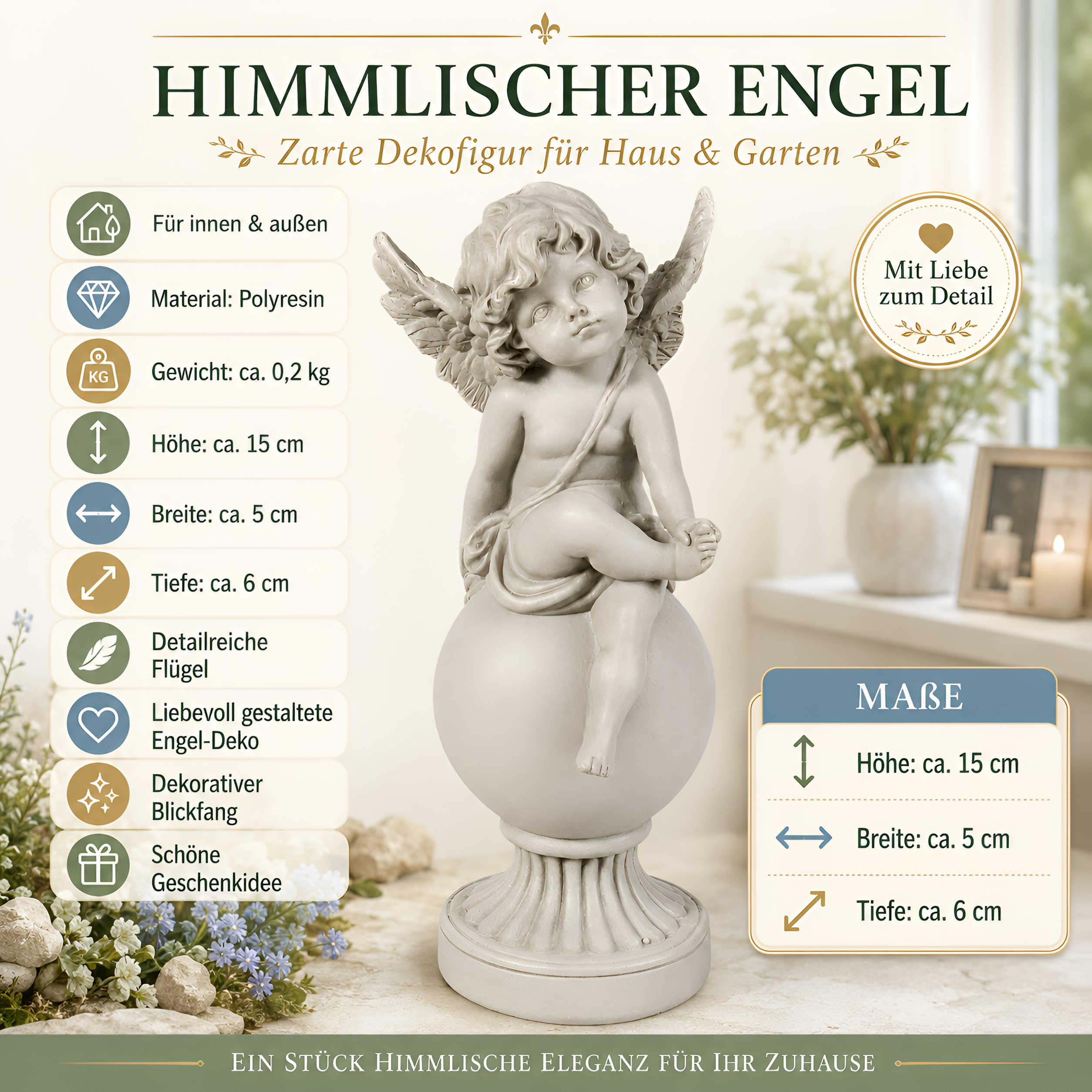 Engel Figur Grabengel wetterfest Engelfigur für Grab Garten Balkon Terrasse und Wohnbereich 15 cm