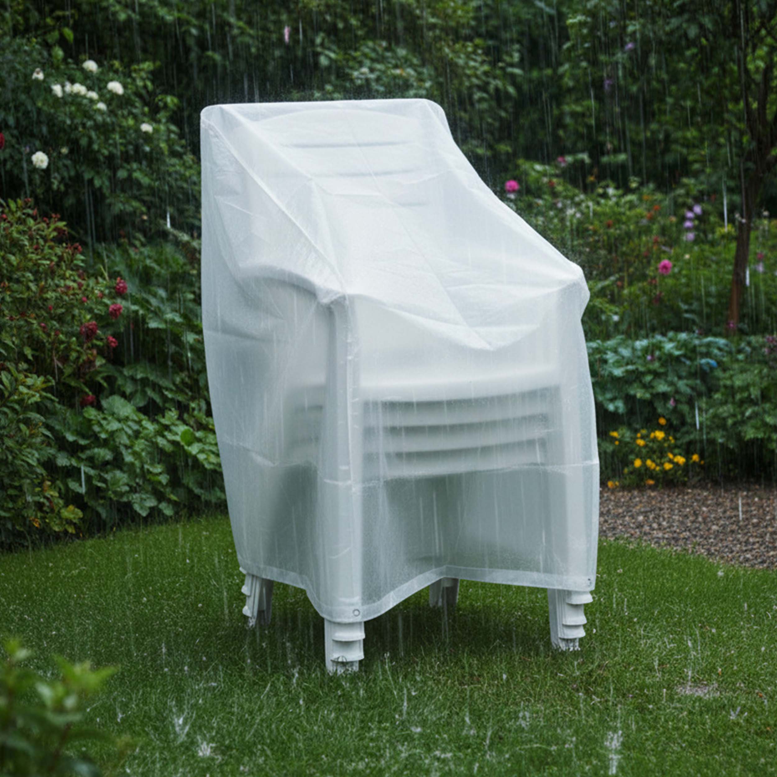 Profiline Schutzhülle für Stapel- und Relaxstühle, transparent, wetterfeste Abdeckung aus PE-Bändchengewebe mit Ösen und Kordel, 65x110x150 cm