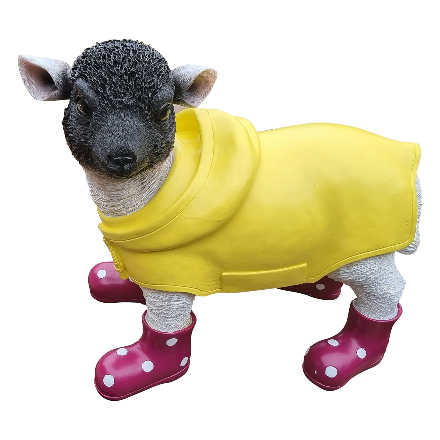 Deko Lamm mit brombeer Gummistiefel und Mantel lustige Tierfigur Schaf Gartendeko