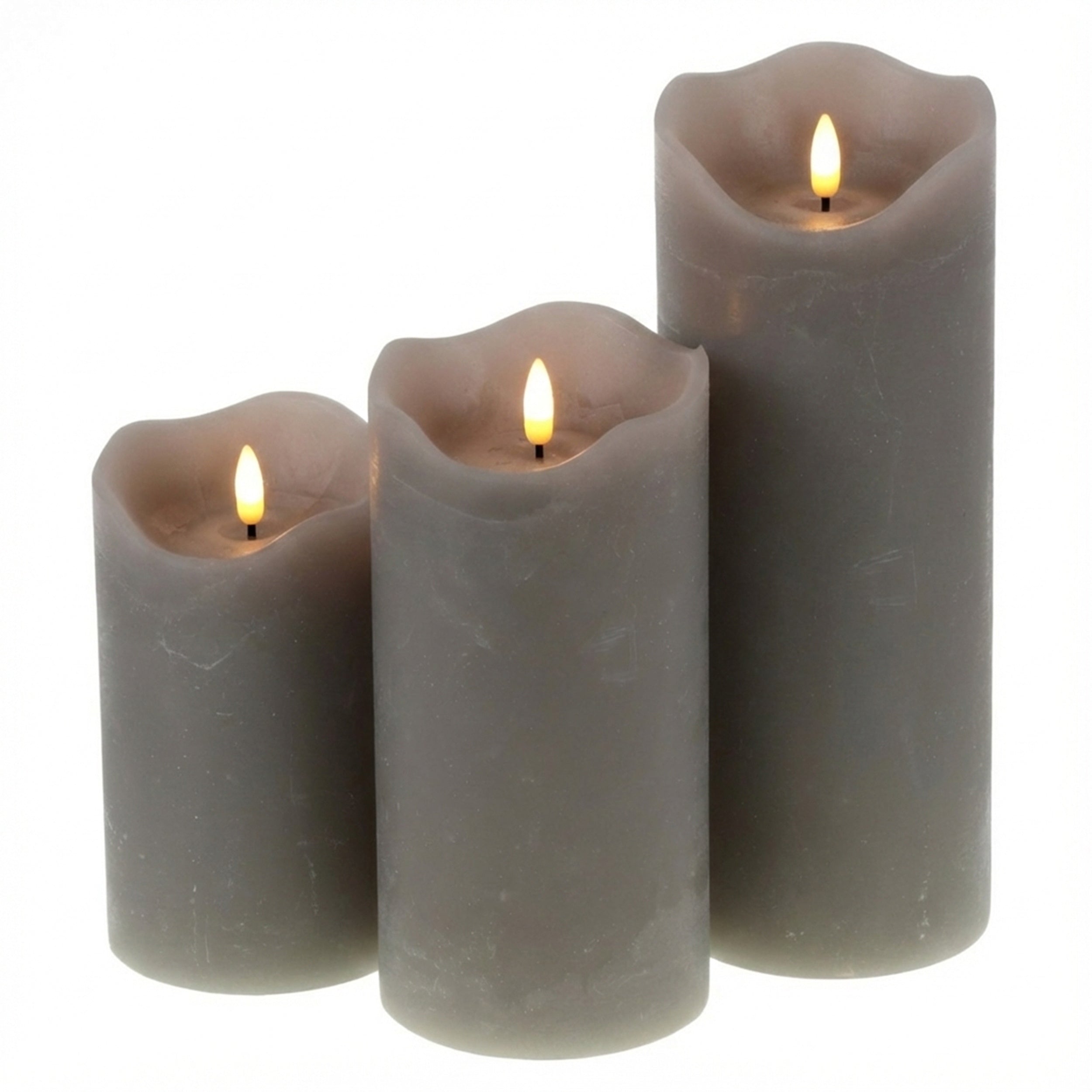 LED Kerze grau mit 3D Flamme Echtwachs Optik Timer 6h 18h Indoor Deko Kerze flackernd batteriebetrieben in drei Größen