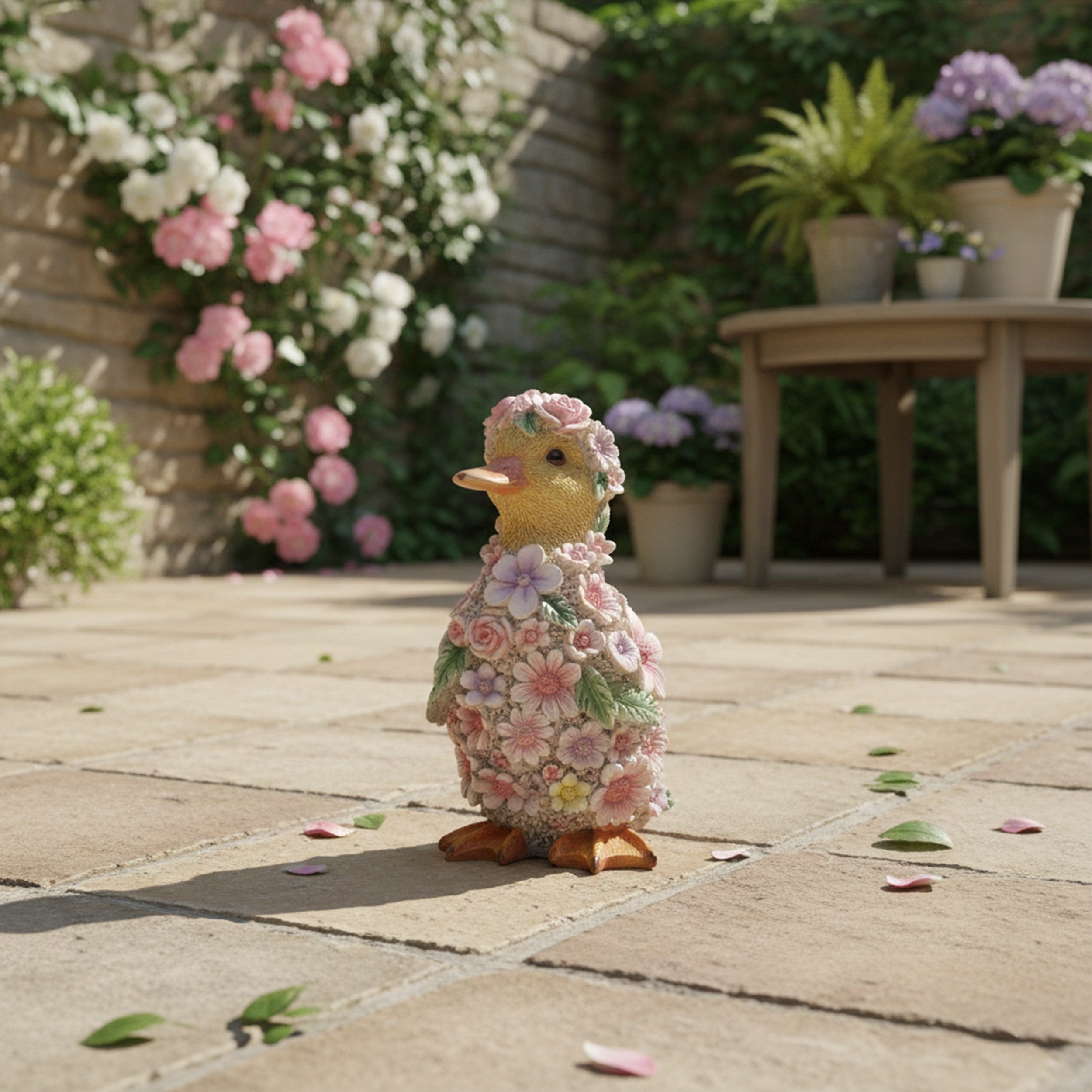 Dekofigur Ente mit Blumendekor wetterfest handbemalt für Innen und Außen