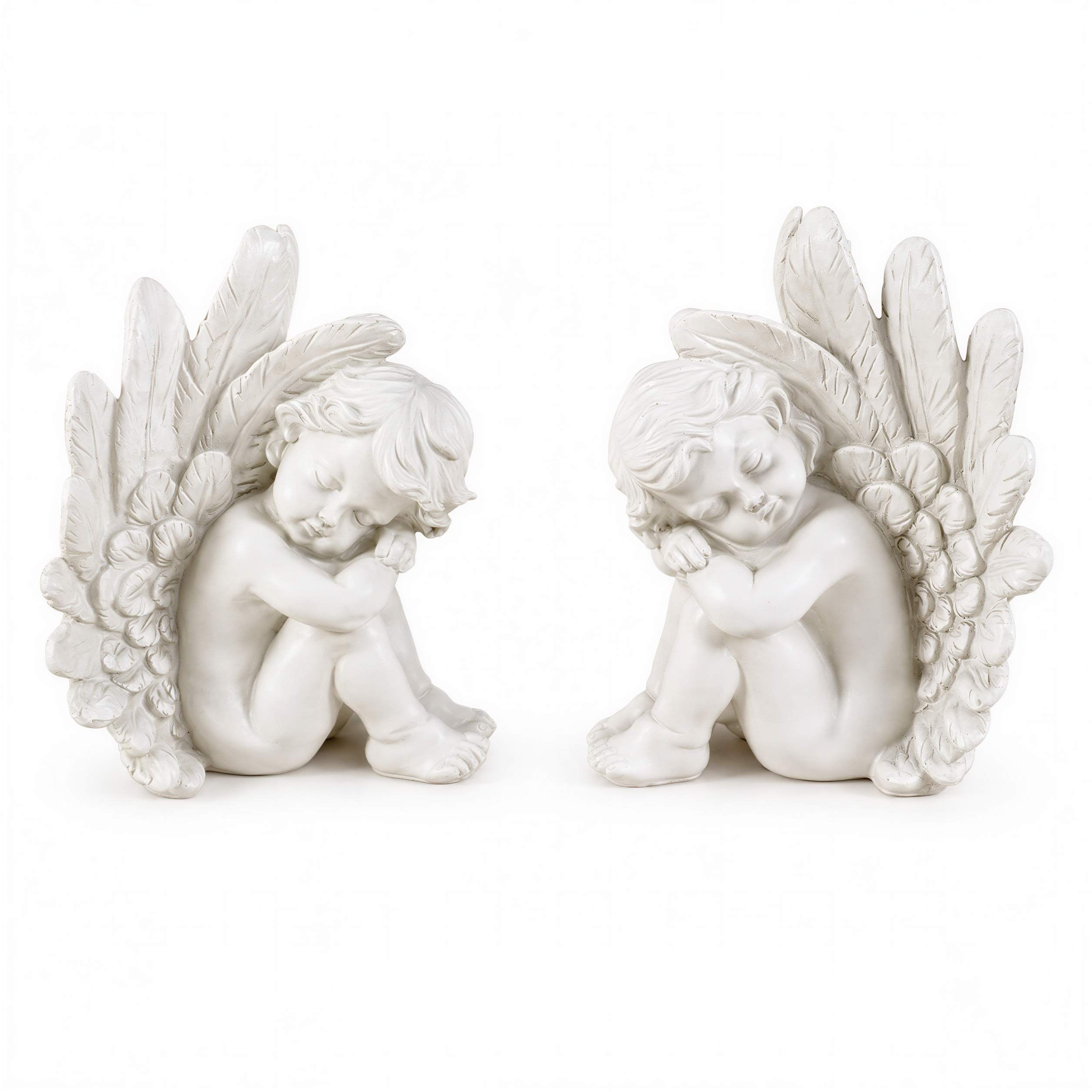 Engel Figur 2er Set Grabengel weiß sitzend Grabschmuck Grabdeko für Friedhof Garten und Zuhause wetterfest
