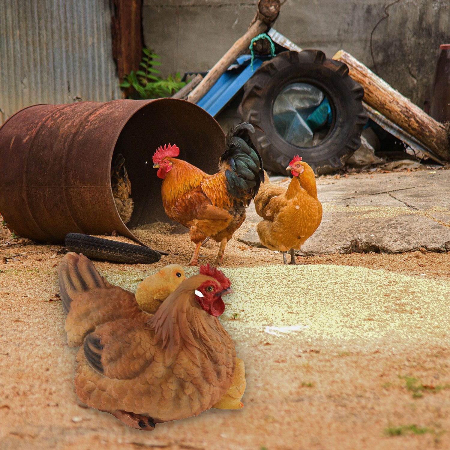 Dekofigur Henne Huhn Uschi mit Küken lebensechte Tierfigur