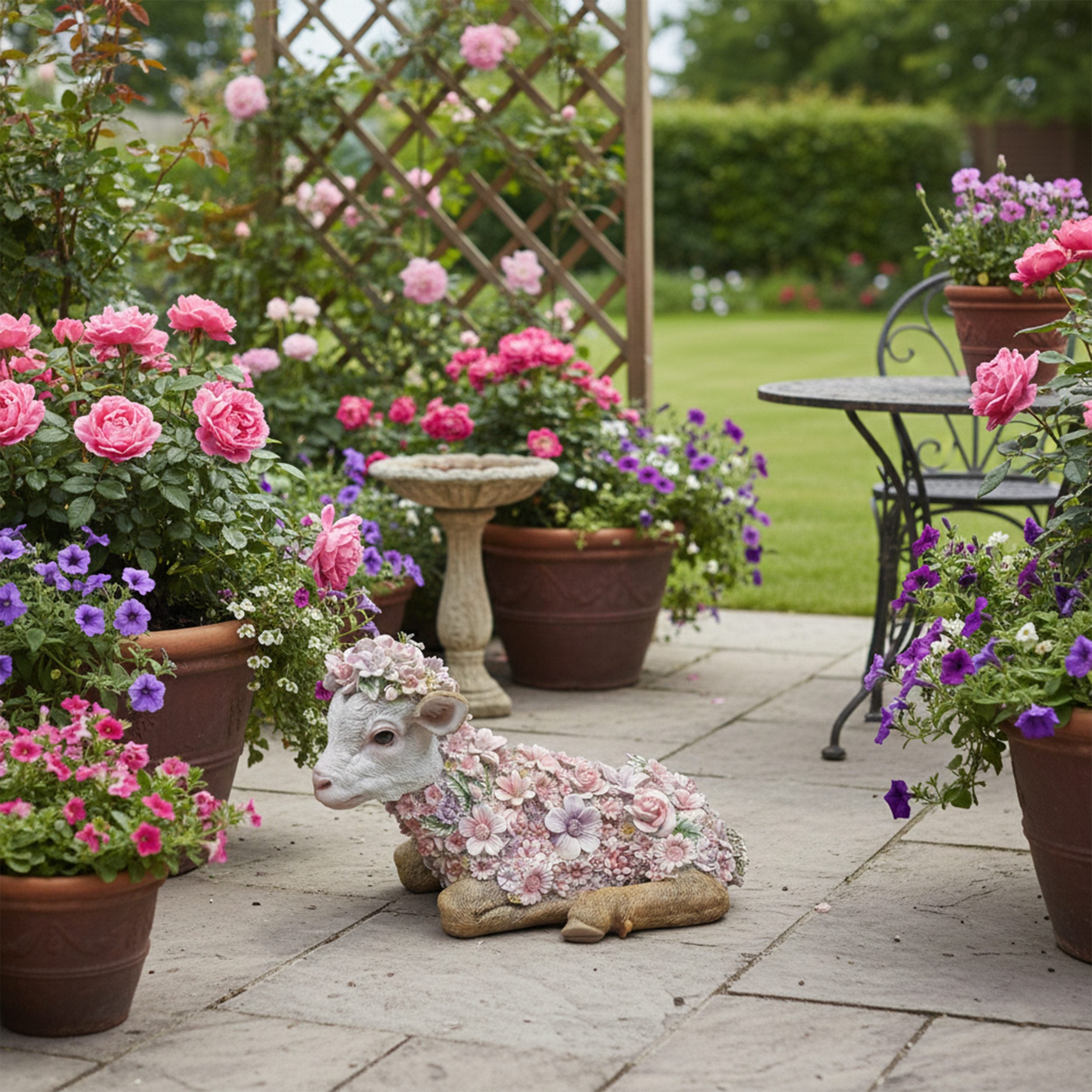 Dekofigur Ziege mit Blumen wetterfest handbemalt