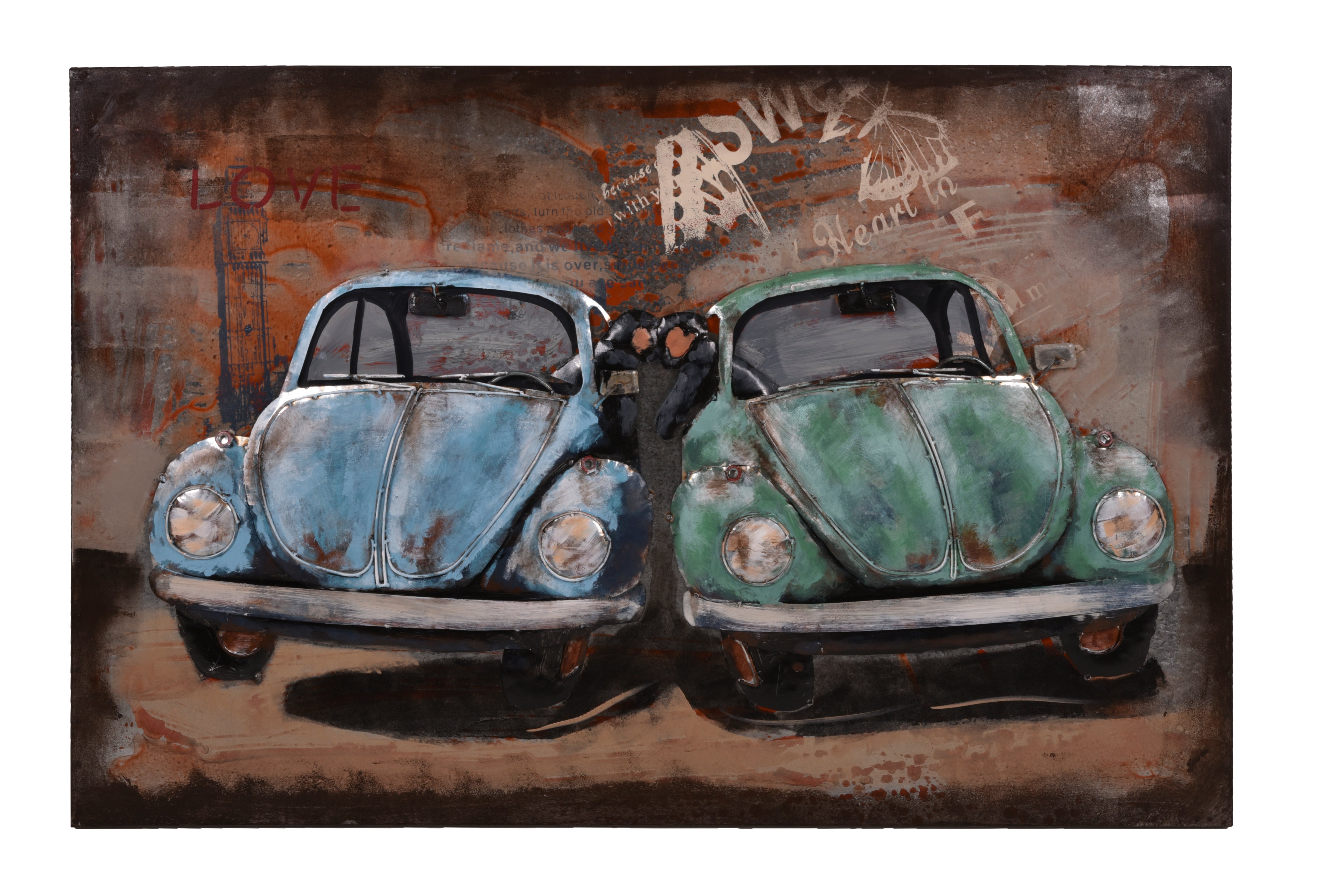 3D Metallbild blaue Autos mit Pärchen romantisches Vintage-Wandbild 3D-Deko von Interia Home & Living