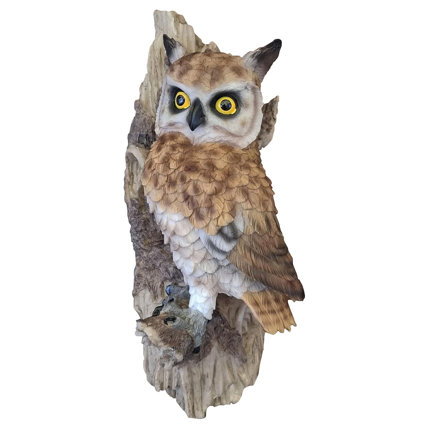 Dekofigur Eule am Baumstamm Wanddeko Tierfigur Greifvogel Uhu