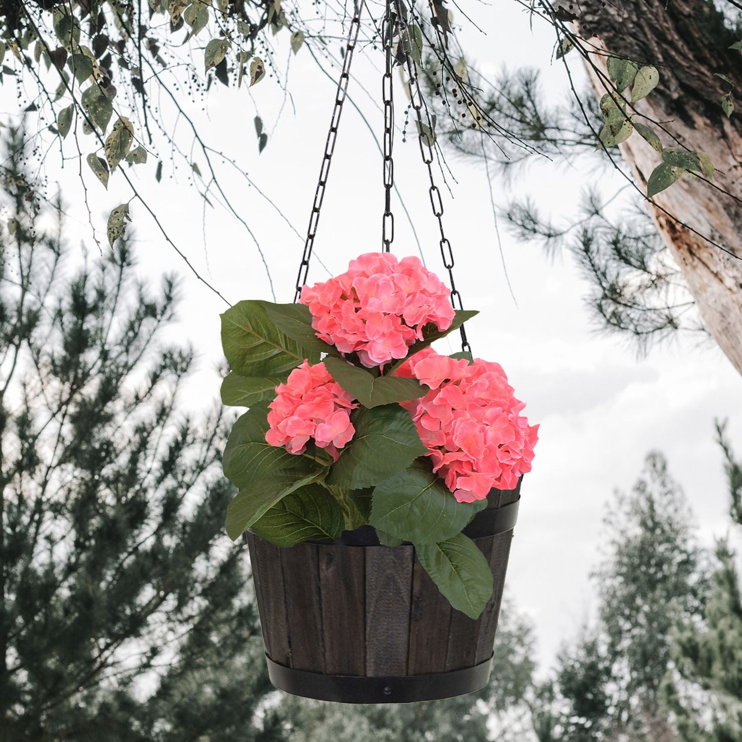 Blumenampel rund Hängeampel Blumen aus FSC-Akazienholz anthrazit | Metallkette | 27 cm Durchmesser