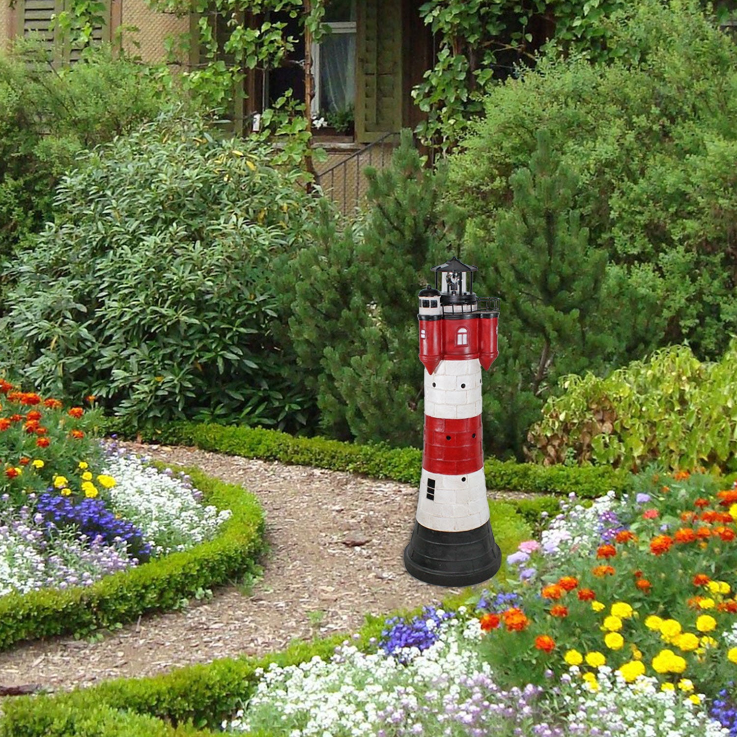 Solar-Leuchtturm „Roter Sand“ mit drehendem Leuchtfeuer, LED-Beleuchtung, 50 cm & 80 cm – Maritime Deko für Garten & Balkon