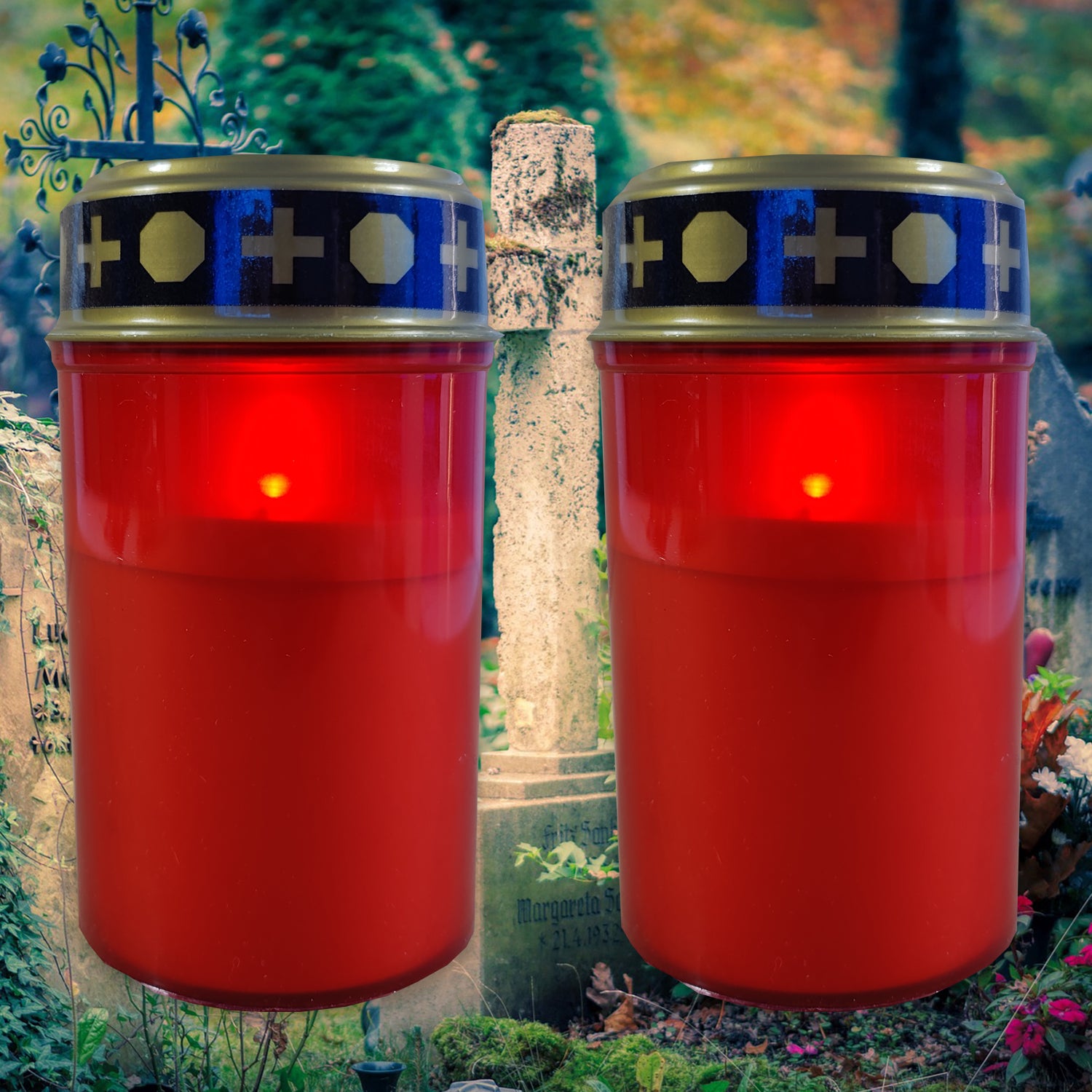 LED-Grablichter 2er Set Rot – Ewiges Licht Grabkerzen mit VARTA Batterien und Realistischem Flackereffekt