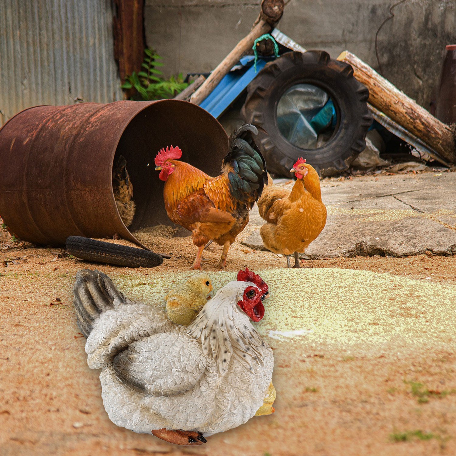 Dekofigur Henne Huhn Louise mit Küken lebensechte Tierfigur