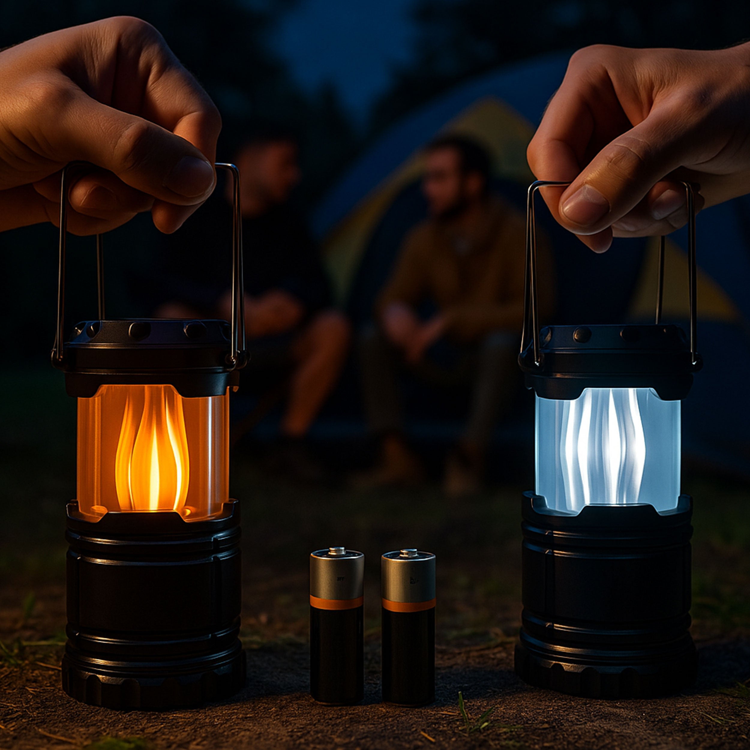 LED Camping Laterne 2 in 1 mit Flammeneffekt - Tragbare Outdoor Lampe, Kaltweißes Licht und Flackerlicht