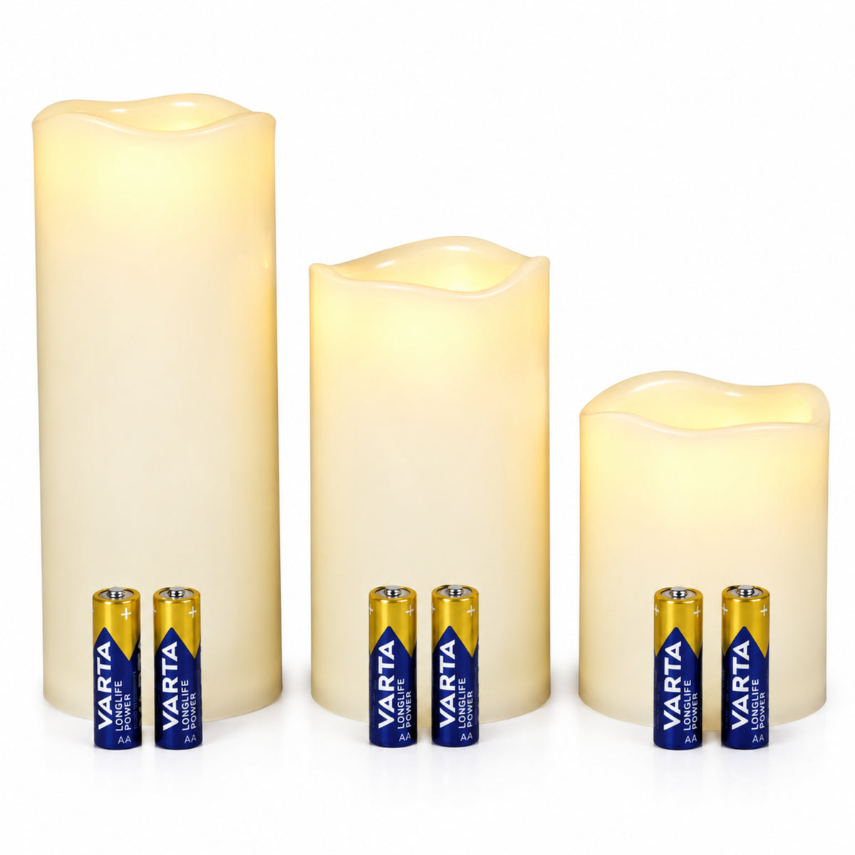 LED Kerzen 3er Set Outdoor Echtwachs Optik mit Timer und Varta Batterien inklusive flackernd warmweiß elfenbein