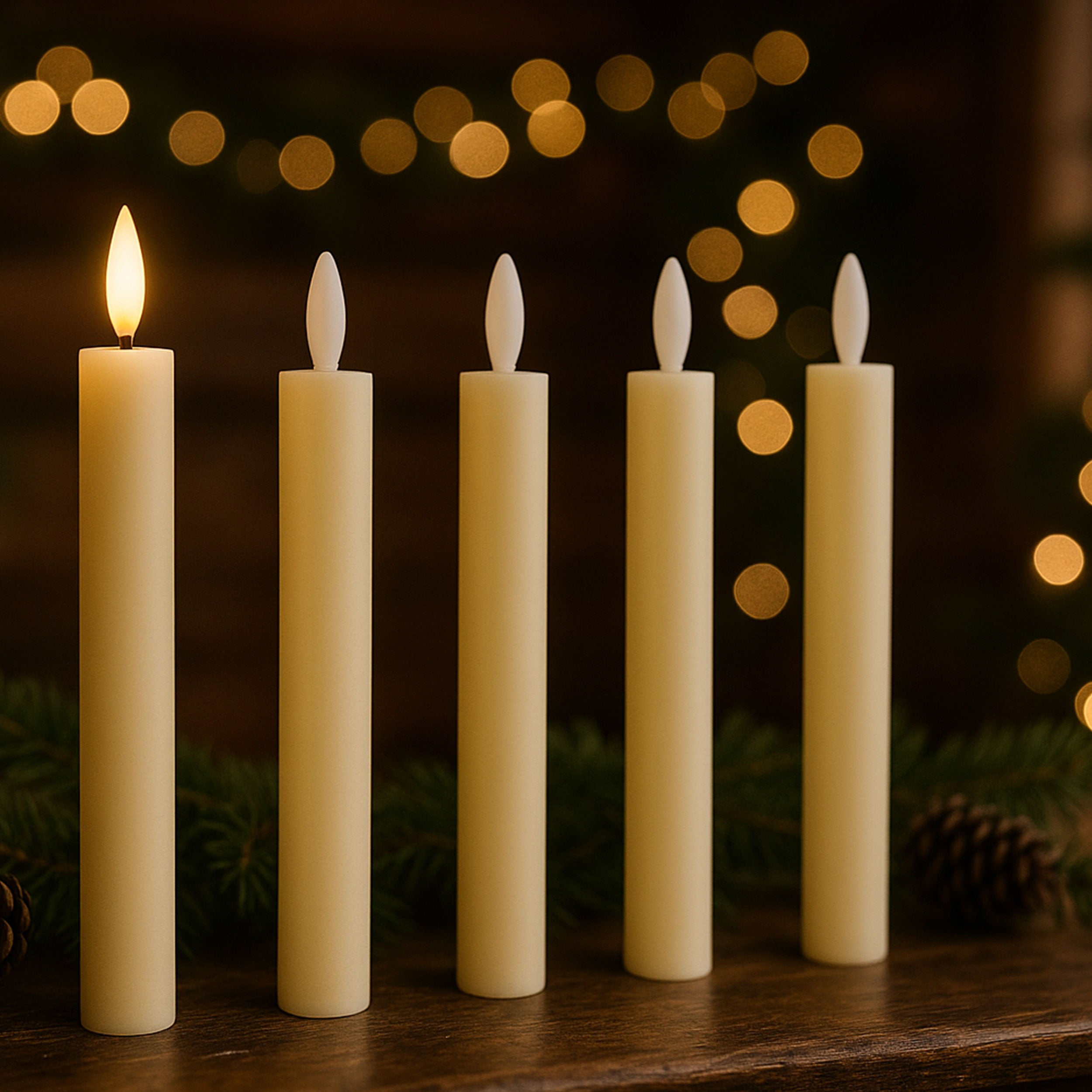 LED Stabkerzen 5er Set mit Timer & Flackereffekt – flammenlose Echtwachskerzen elfenbein für Kerzenständer & Deko