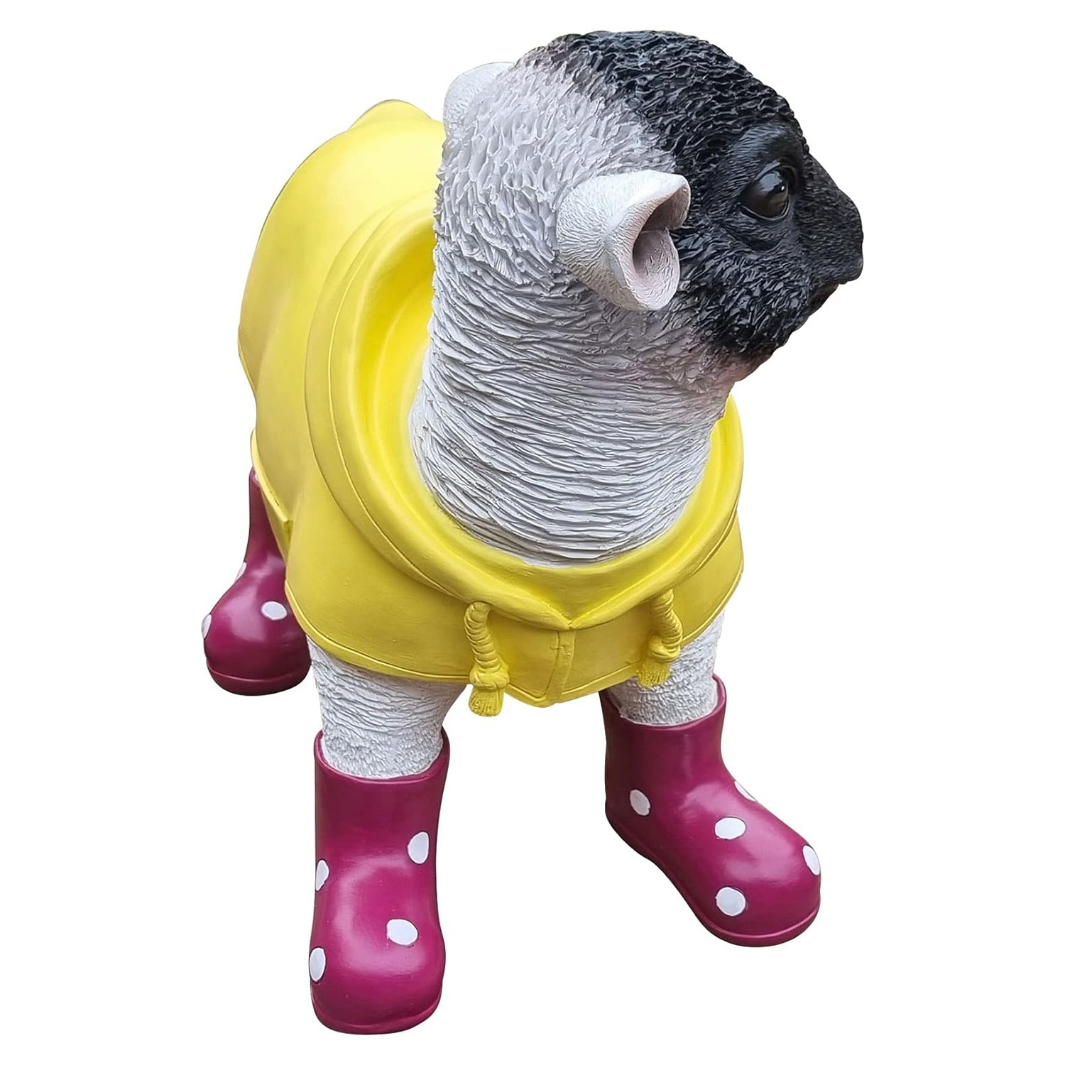 Deko Lamm mit brombeer Gummistiefel und Mantel lustige Tierfigur Schaf Gartendeko