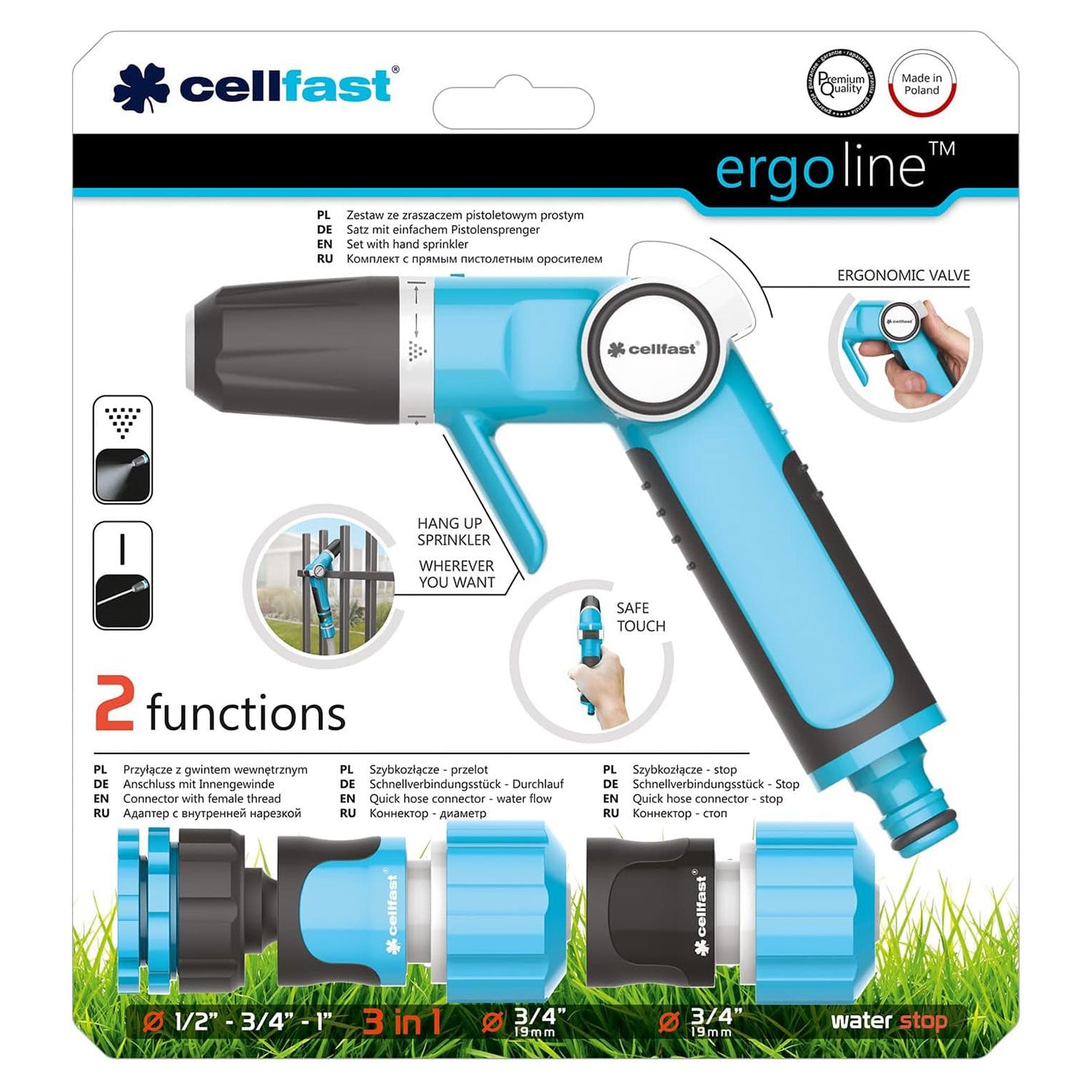 Gartenbrause SET Gartenschlauch Brause Handspritze, Wasser-Stop Schnellverbinder Cellfast 53-525 ERGO 3/4”