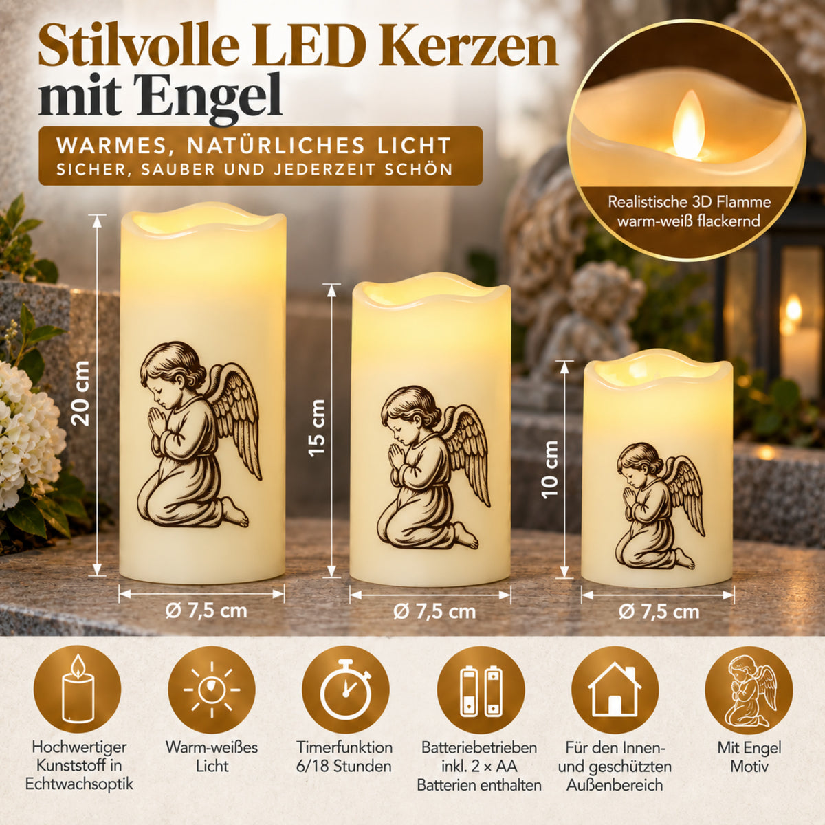 LED Grabkerzen mit Timer & Varta Batterien - Grabkerze - LED Grablicht in 3 Größen mit Motiv