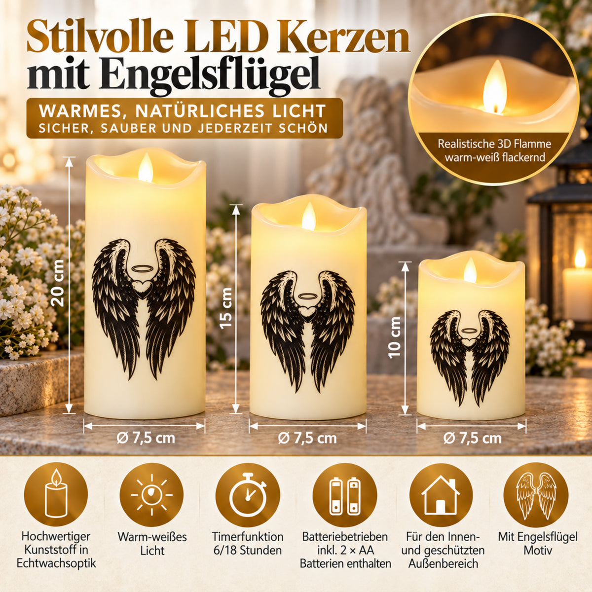 LED Grabkerzen mit Timer & Varta Batterien - Grabkerze - LED Grablicht in 3 Größen mit Motiv