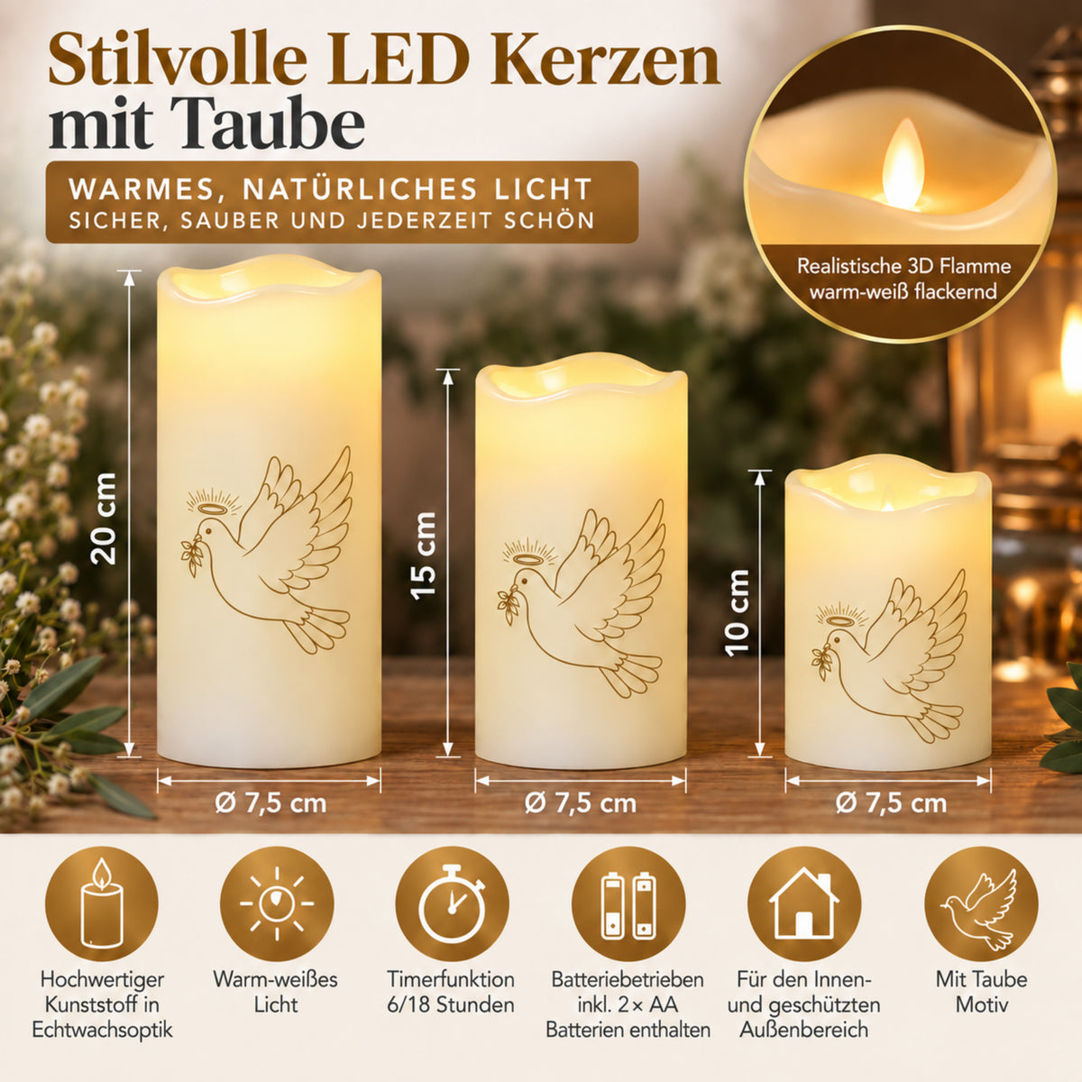 LED Grabkerzen mit Timer & Varta Batterien - Grabkerze - LED Grablicht in 3 Größen mit Motiv