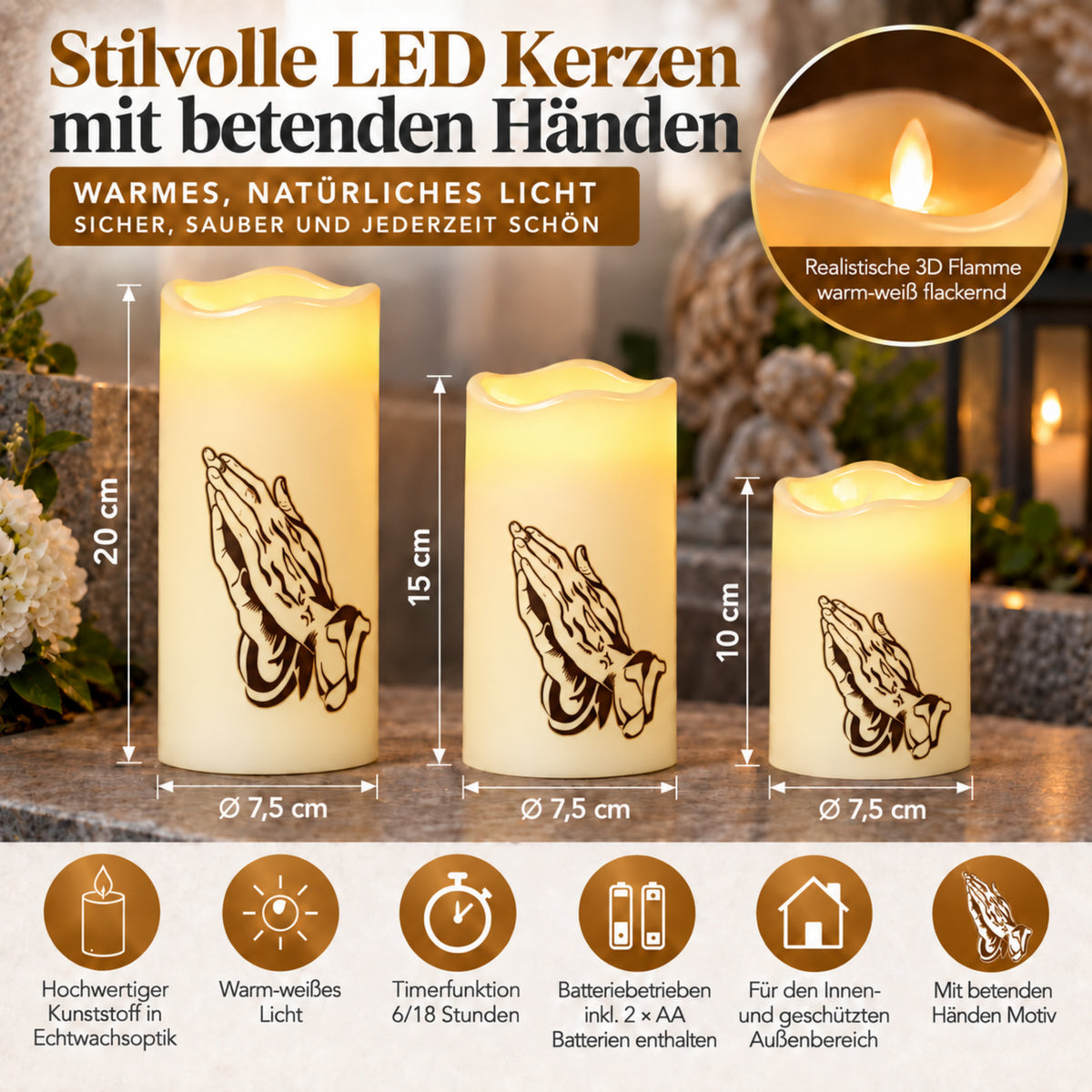 LED Grabkerzen mit Timer & Varta Batterien - Grabkerze - LED Grablicht in 3 Größen mit Motiv