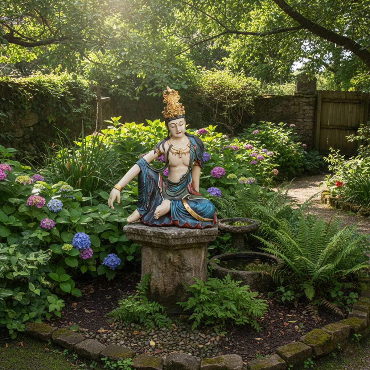 Buddha Figur sitzend groß mit Krone handbemalt aus Polyresin wetterbeständige Buddha Statue für Garten Terrasse Balkon und Wohnzimmer