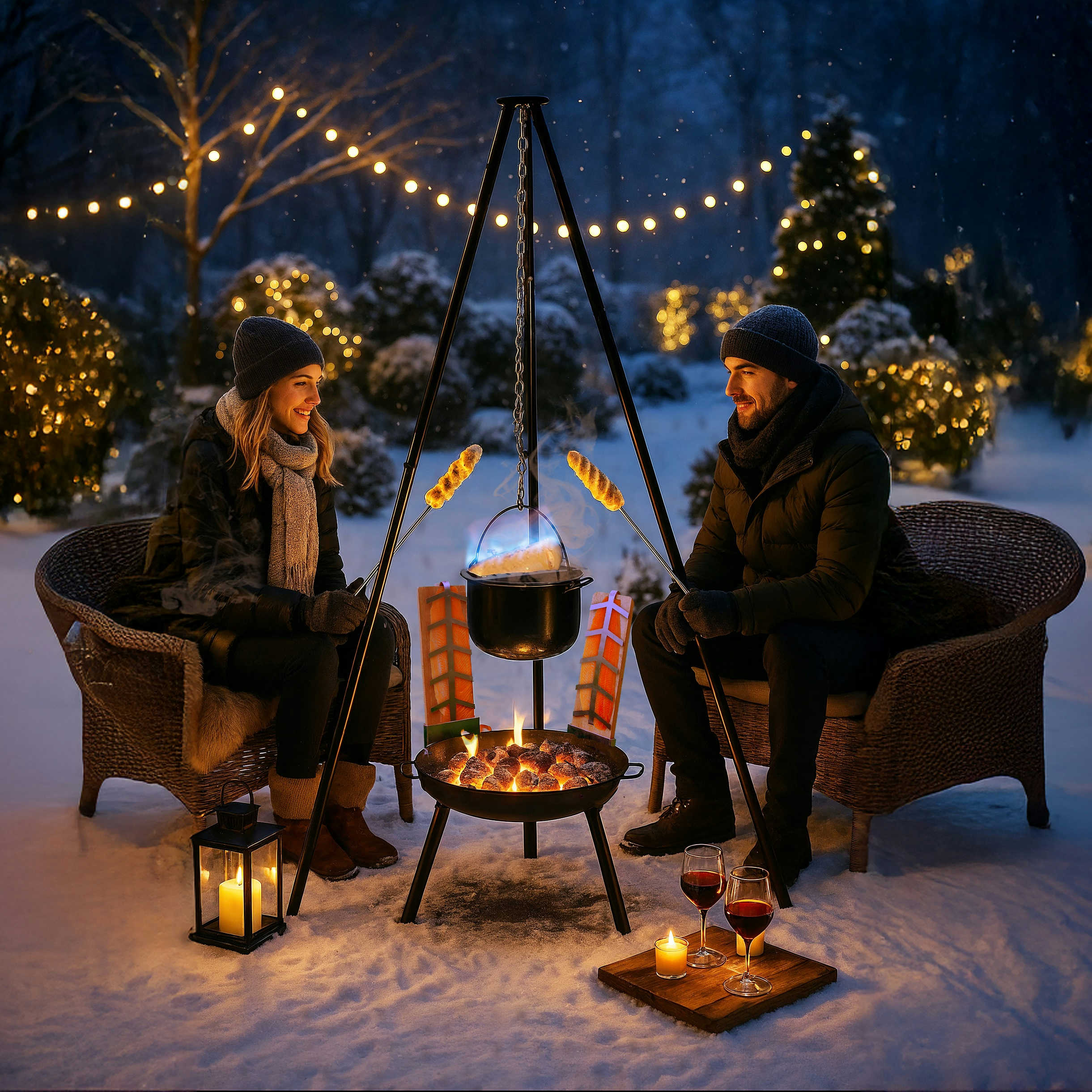 Feuerschale mit Grillrost 6 in 1 Schwenkgrill Set Oslo für Flammlachs Stockbrot Glühwein Feuerzangenbowle Outdoor Kochen