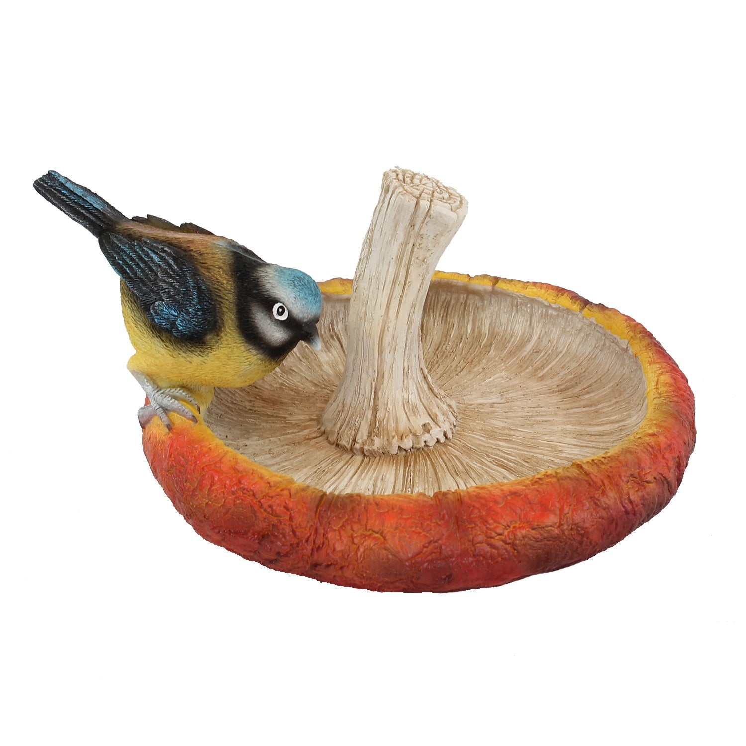 Vogeltränke aus Polyresin in Pilzform – Handbemalt mit Rotkehlchen oder Blaumeise – Dekorative Gartendeko für Garten und Balkon