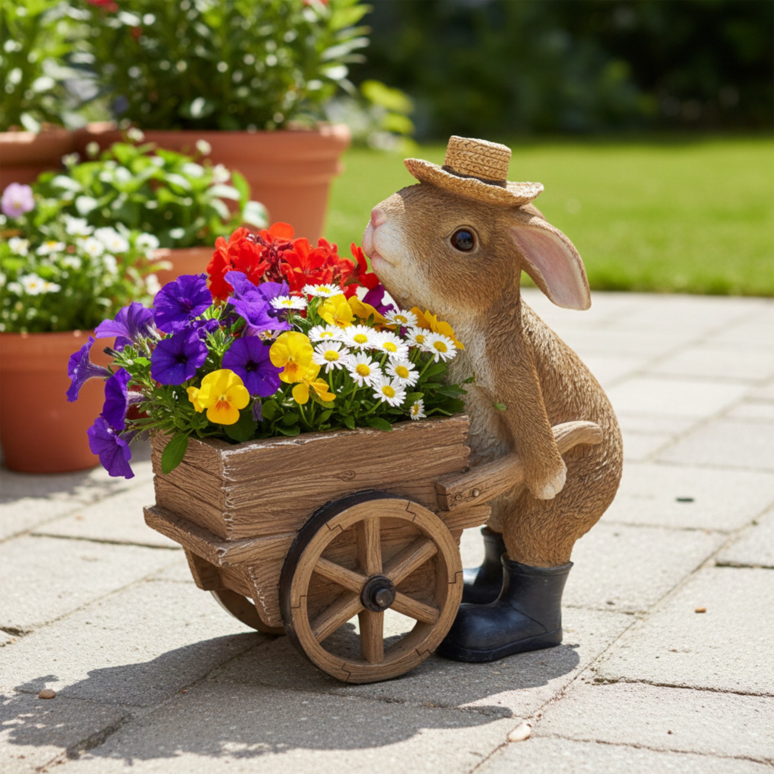 Dekofigur Hase mit Schubkarre für Garten | Pflanztopf Figur
