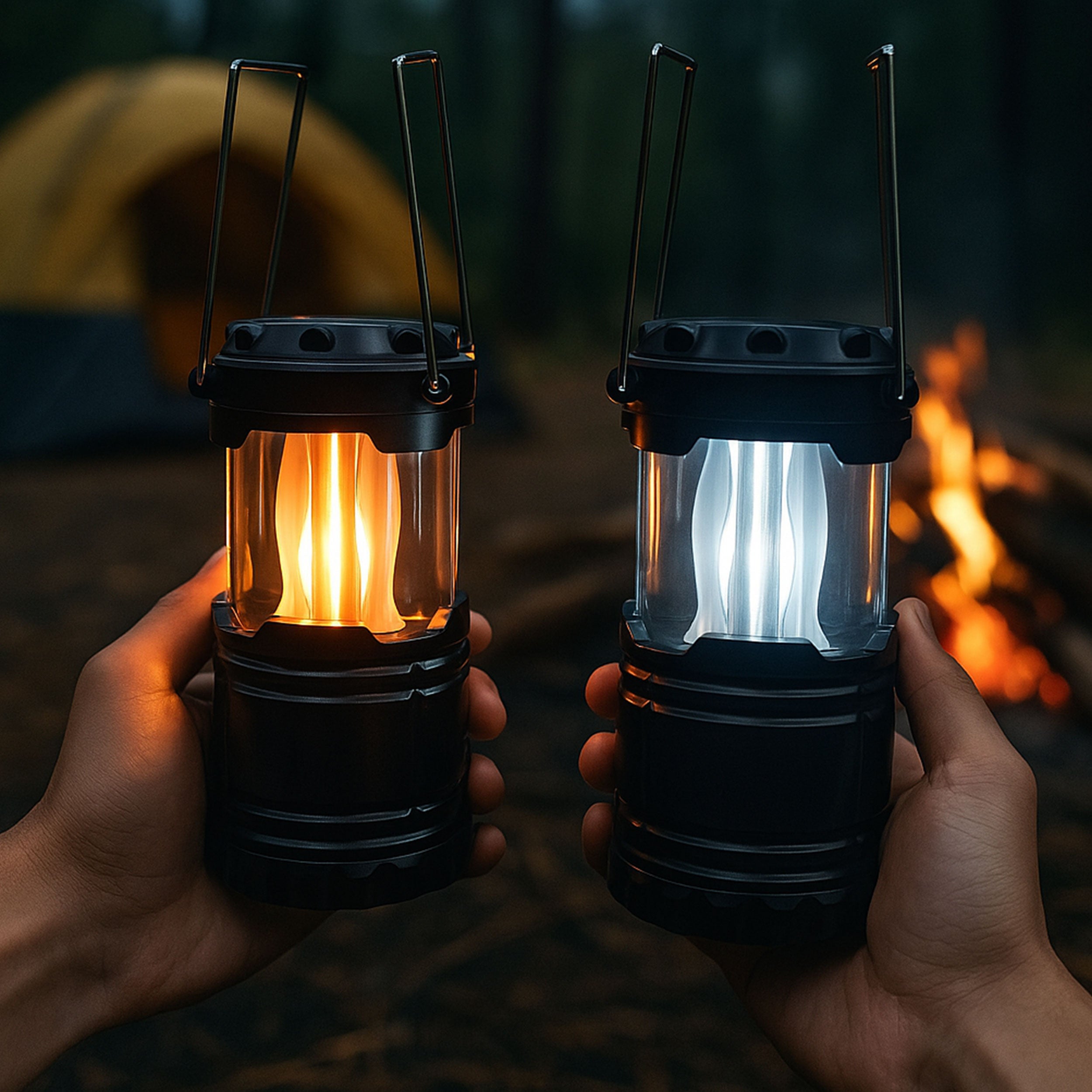 LED Camping Laterne 2 in 1 mit Flammeneffekt - Tragbare Outdoor Lampe, Kaltweißes Licht und Flackerlicht
